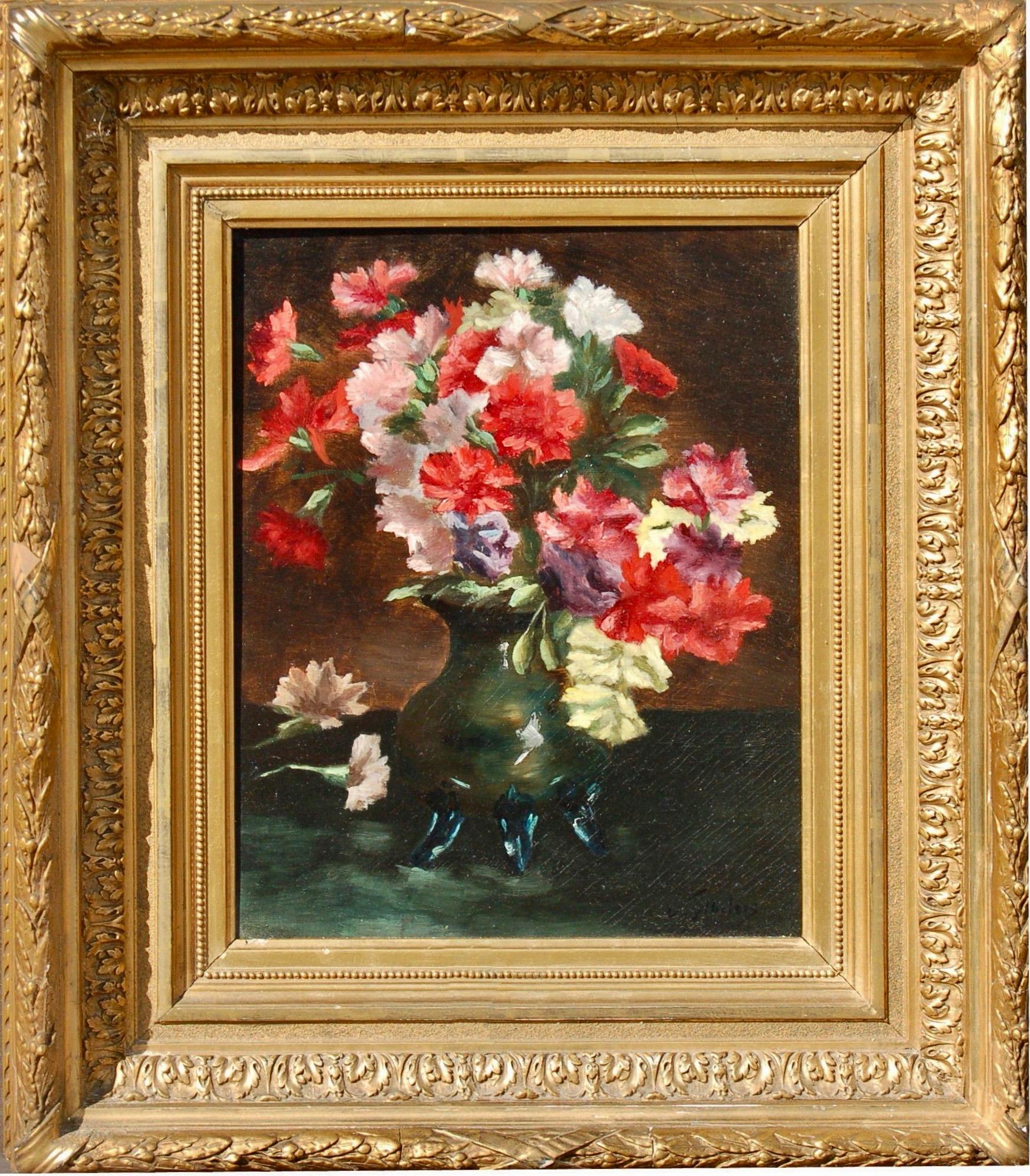 Abeloos, Victor Still-Life Painting - 20th century Belgium oil, still-life of flowers, carnations in a vase.