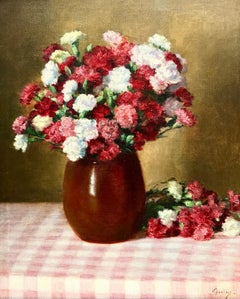 Ramo de claveles sobre mantel de cuadros" de Victor Abeloos (1881 - 1965)