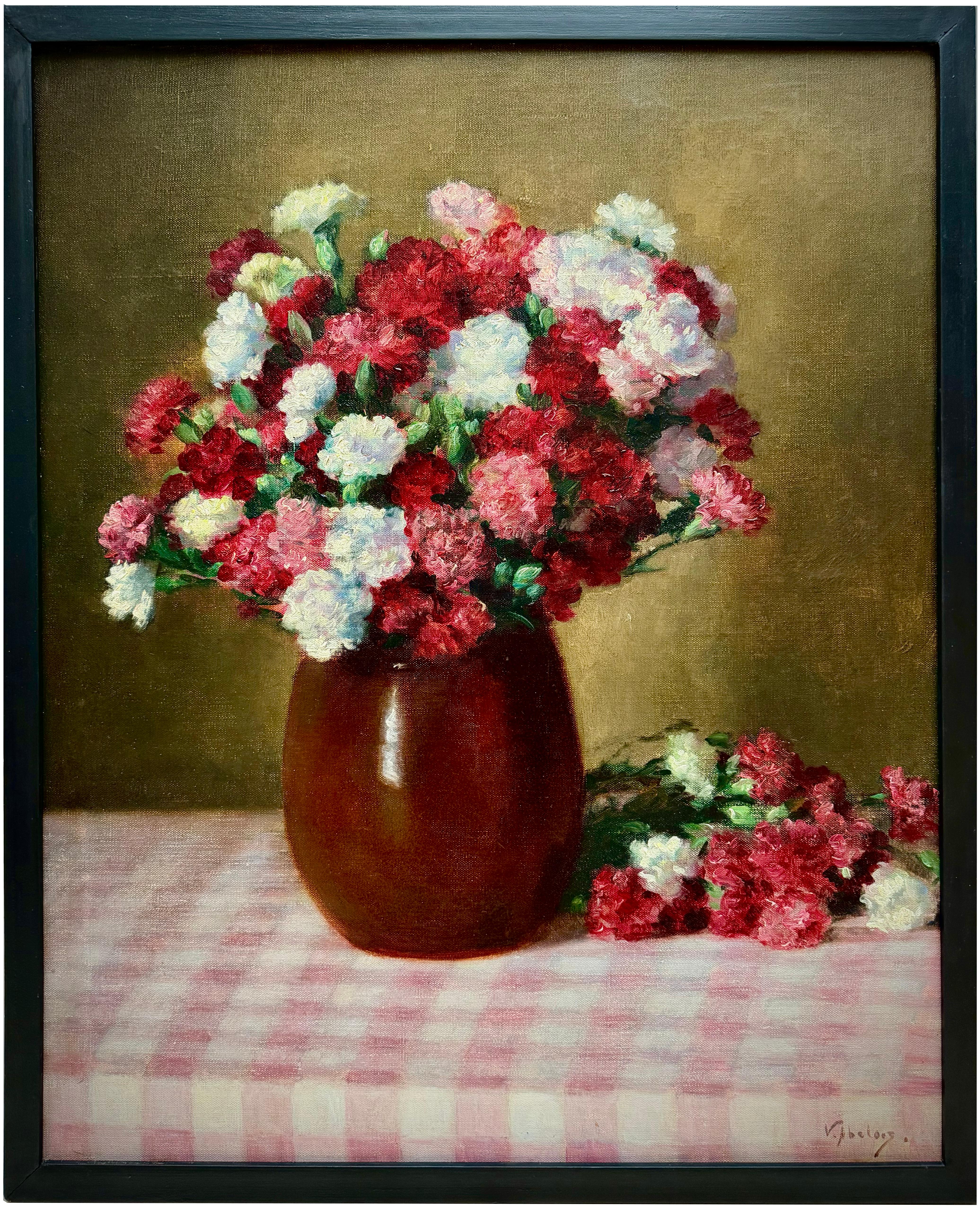 Abeloos, Victor Still-Life Painting - 'Bouquet of Carnations on a Gingham Tablecloth' by Victor Abeloos (1881 – 1965)