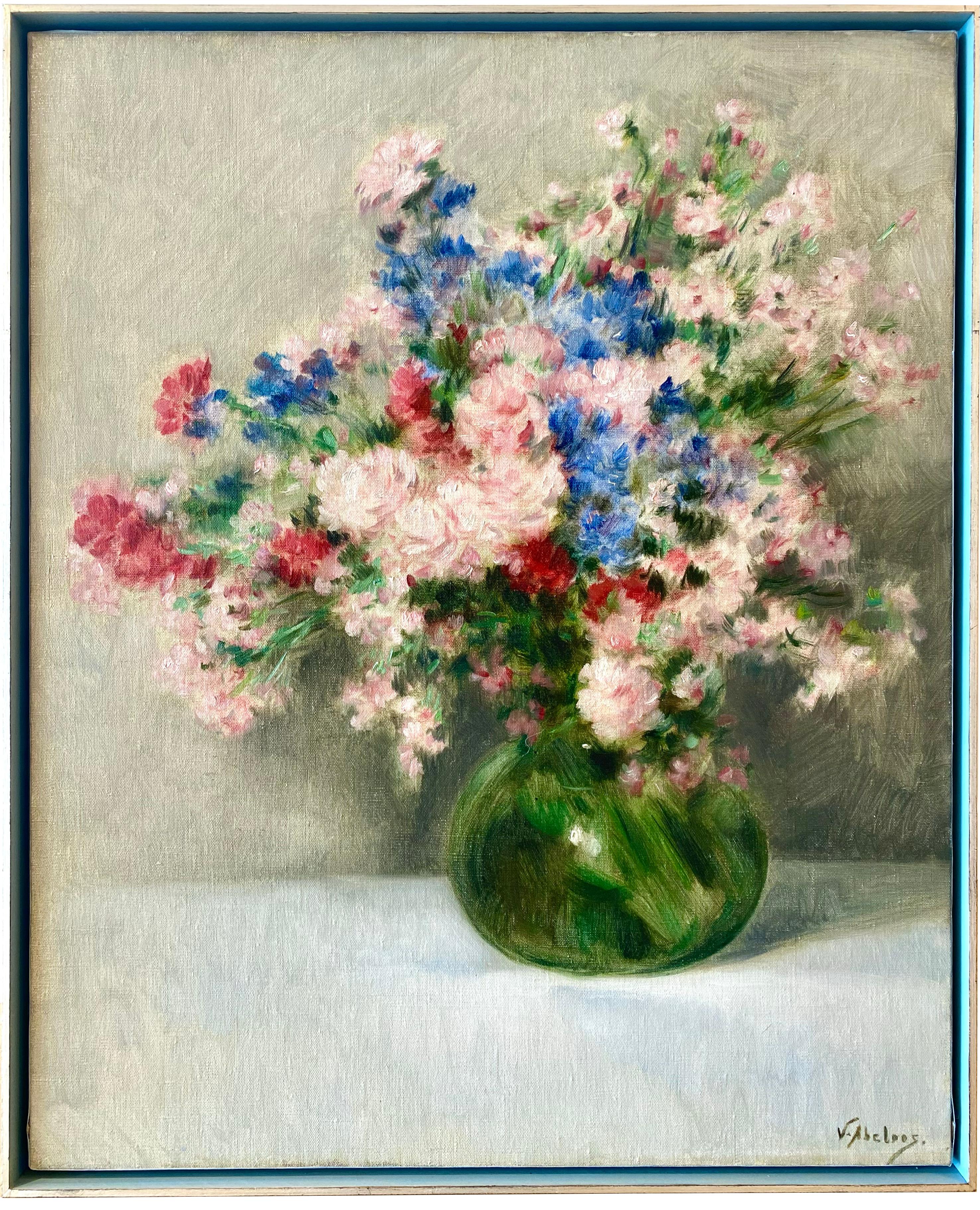 Still-Life Painting Abeloos, Victor - « Bouquet de fleurs dans un vase vert » de Victor Abeloos (1881 - Bruxelles - 1965)
