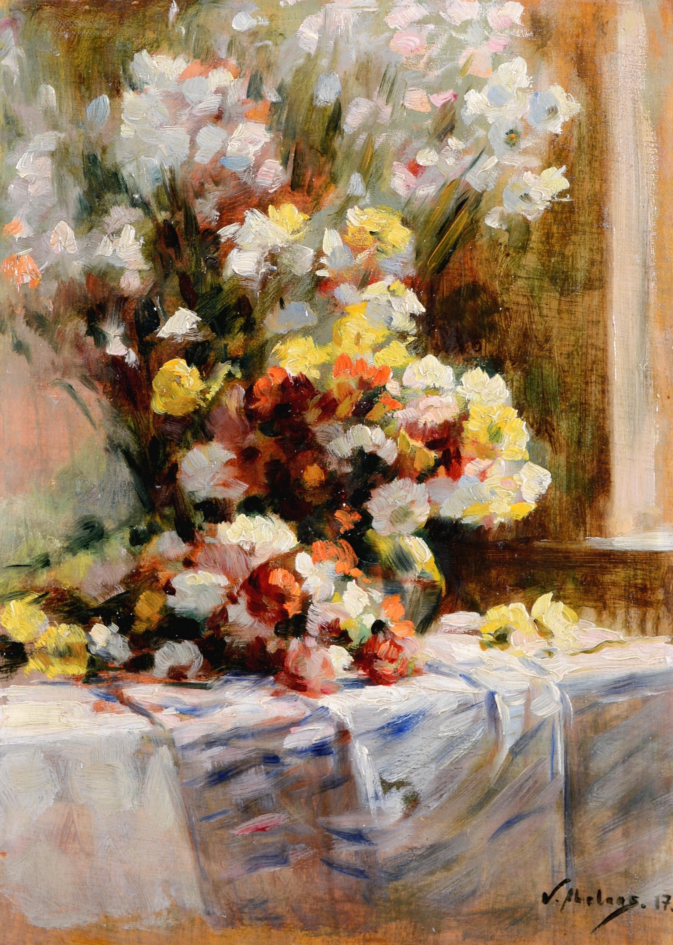Flores sobre una mesa - Pintura al óleo antigua belga impresionista de bodegón - Painting de Abeloos, Victor