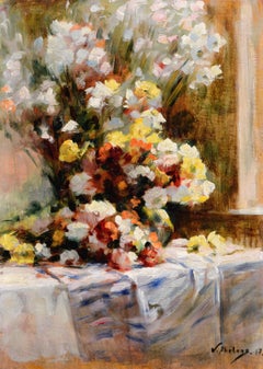 Flowers on a Table - Antique Belgian Impressionist Still Life Oil Painting