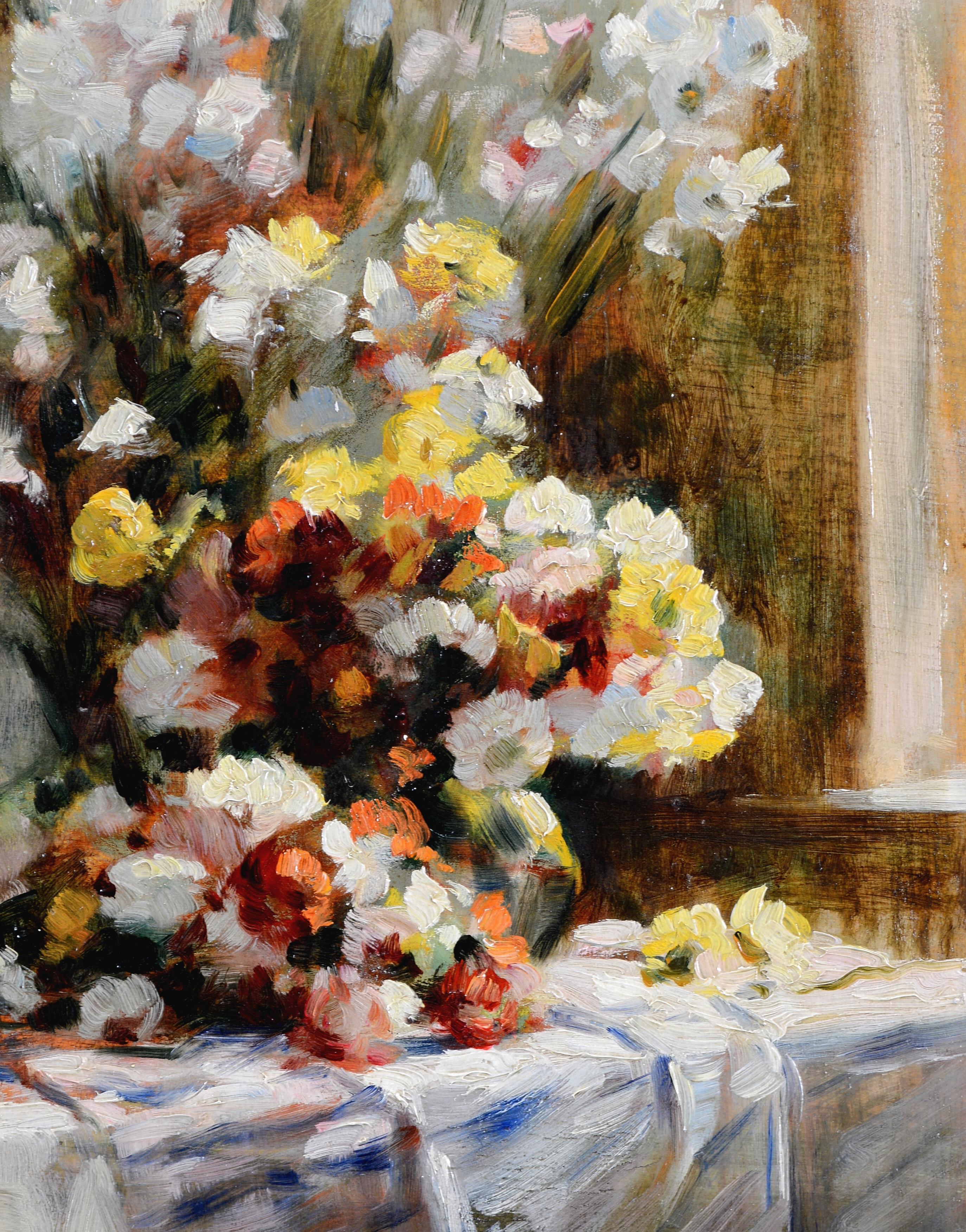 Flores sobre una mesa - Pintura al óleo antigua belga impresionista de bodegón - Painting Impresionista de Abeloos, Victor