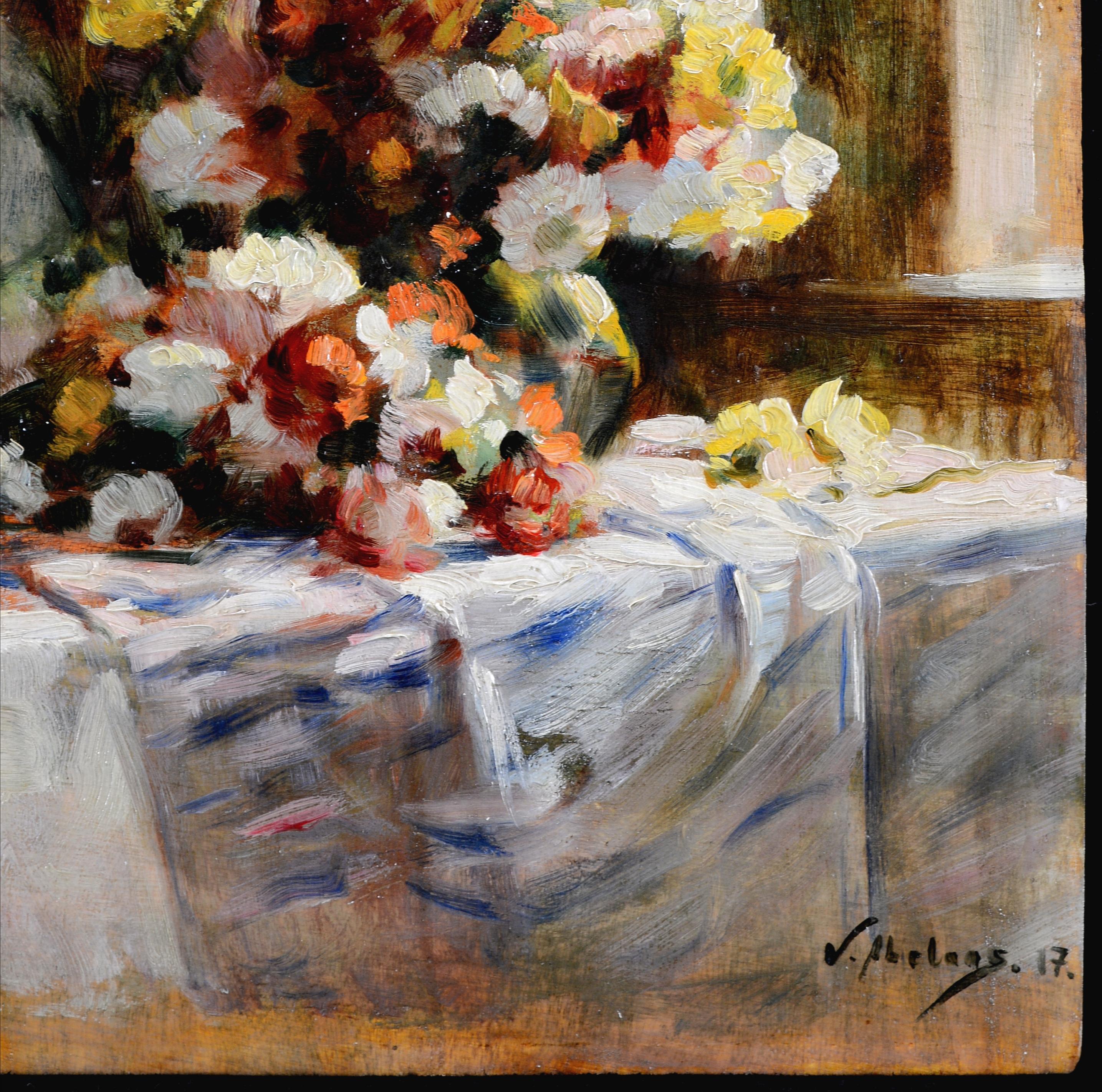 Flores sobre una mesa - Pintura al óleo antigua belga impresionista de bodegón - Still-Life Painting Marrón de Abeloos, Victor