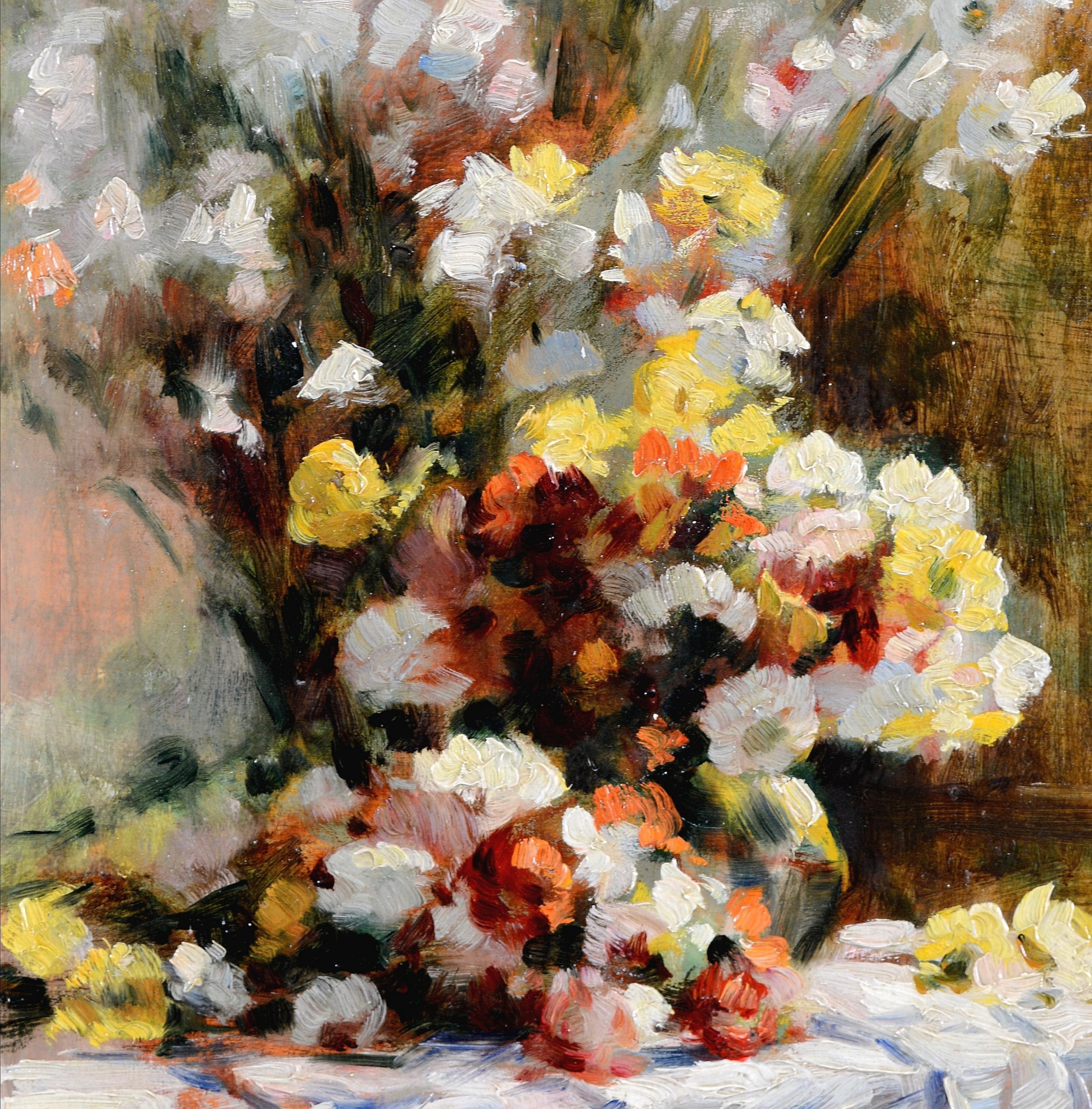 Flores sobre una mesa - Pintura al óleo antigua belga impresionista de bodegón en venta 1
