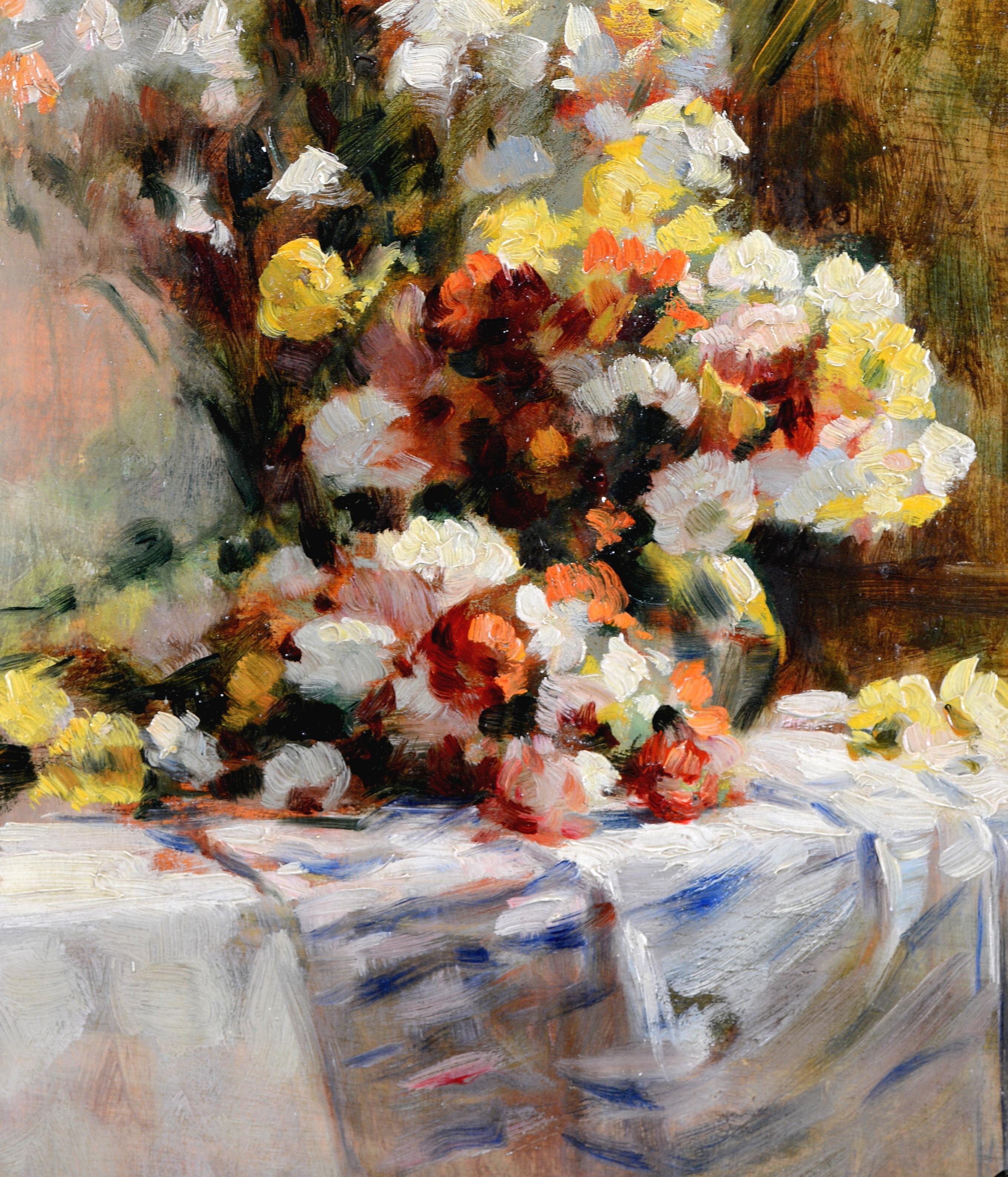 Flores sobre una mesa - Pintura al óleo antigua belga impresionista de bodegón en venta 2
