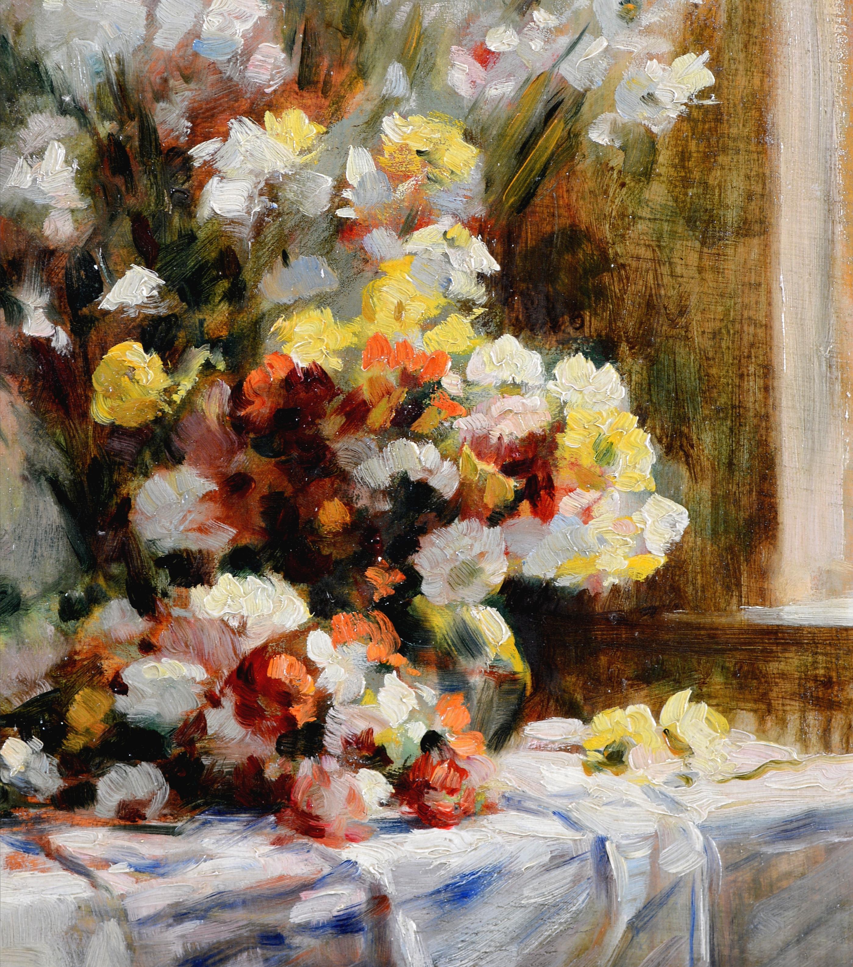 Flores sobre una mesa - Pintura al óleo antigua belga impresionista de bodegón en venta 3