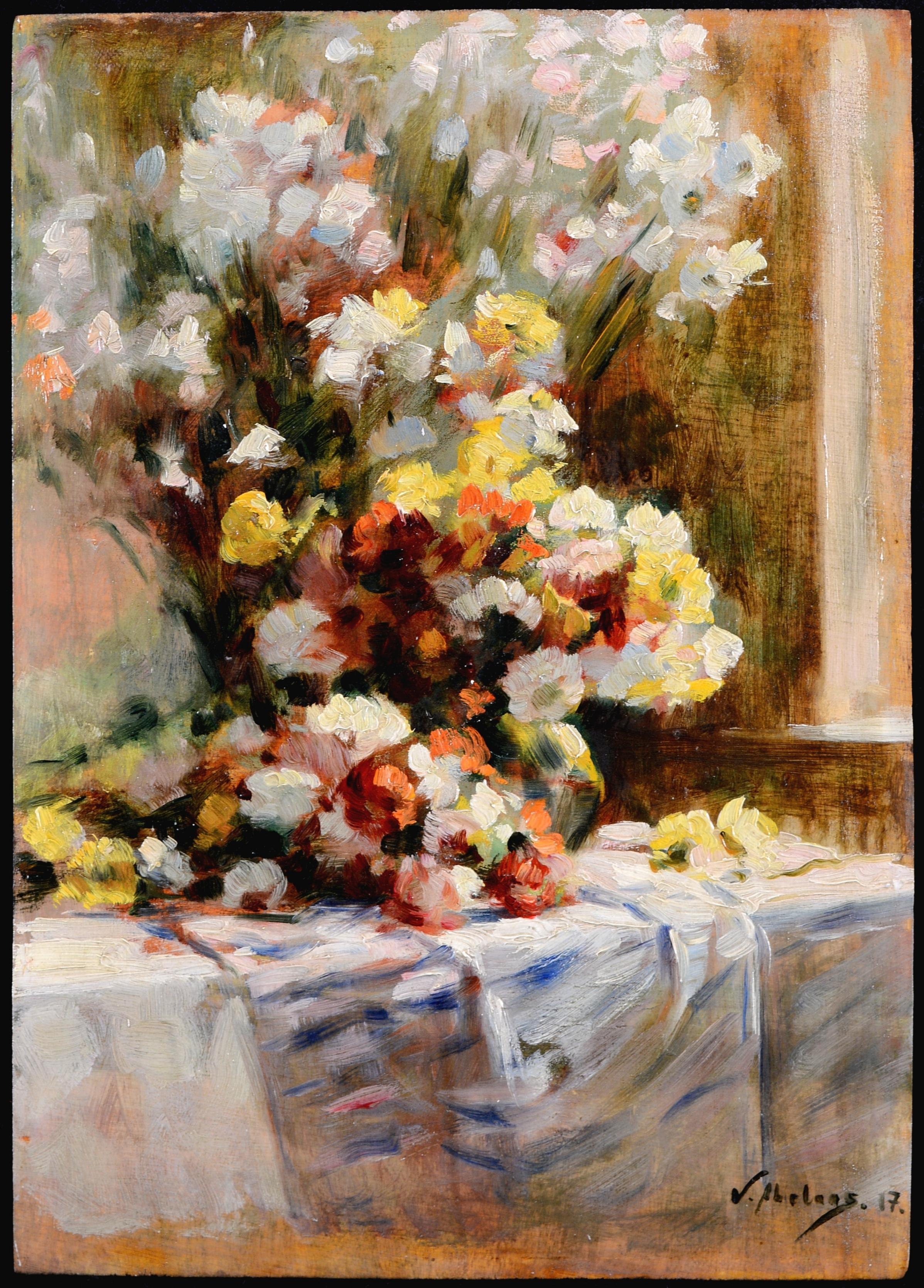 Still-Life Painting de Abeloos, Victor - Flores sobre una mesa - Pintura al óleo antigua belga impresionista de bodegón