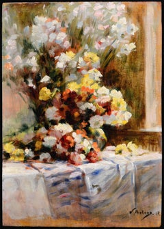 Flores sobre una mesa - Pintura al óleo antigua belga impresionista de bodegón