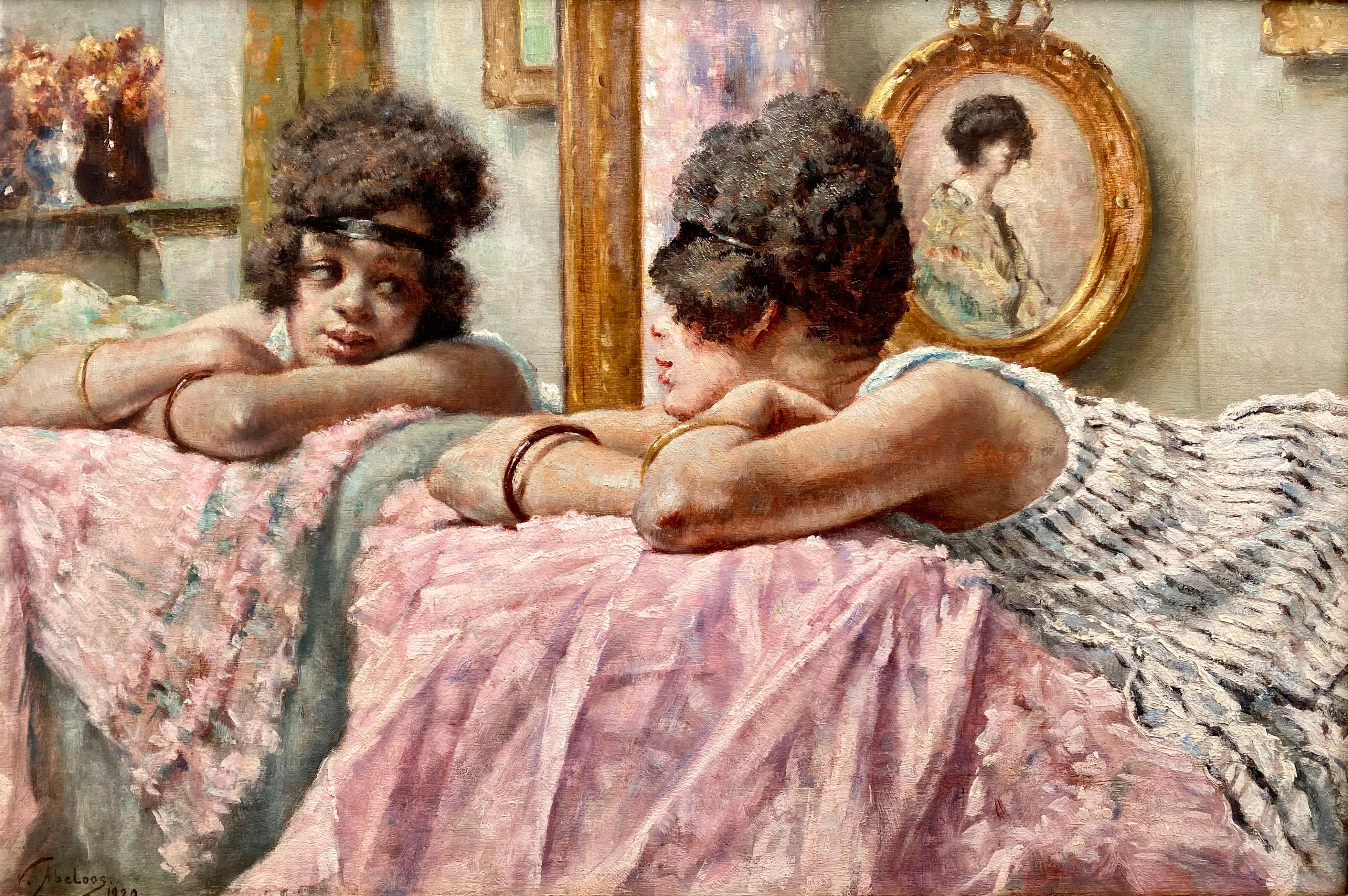 'Girl at the Mirror' by Victor Abeloos (1881 – 1965), signed and dated 1920 - Painting by Abeloos, Victor