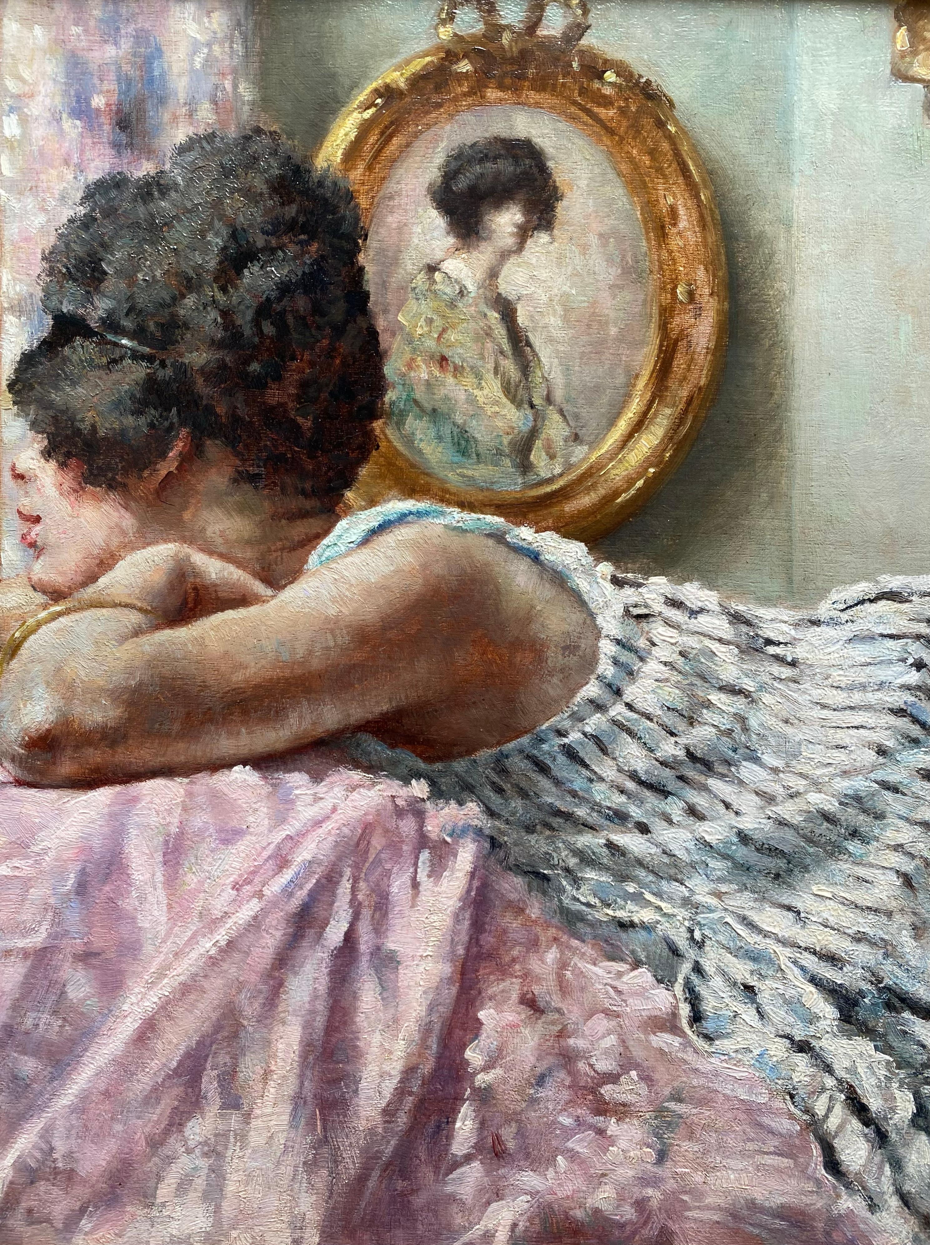 'Girl at the Mirror' by Victor Abeloos (1881 – 1965), signed and dated 1920 - Brown Portrait Painting by Abeloos, Victor