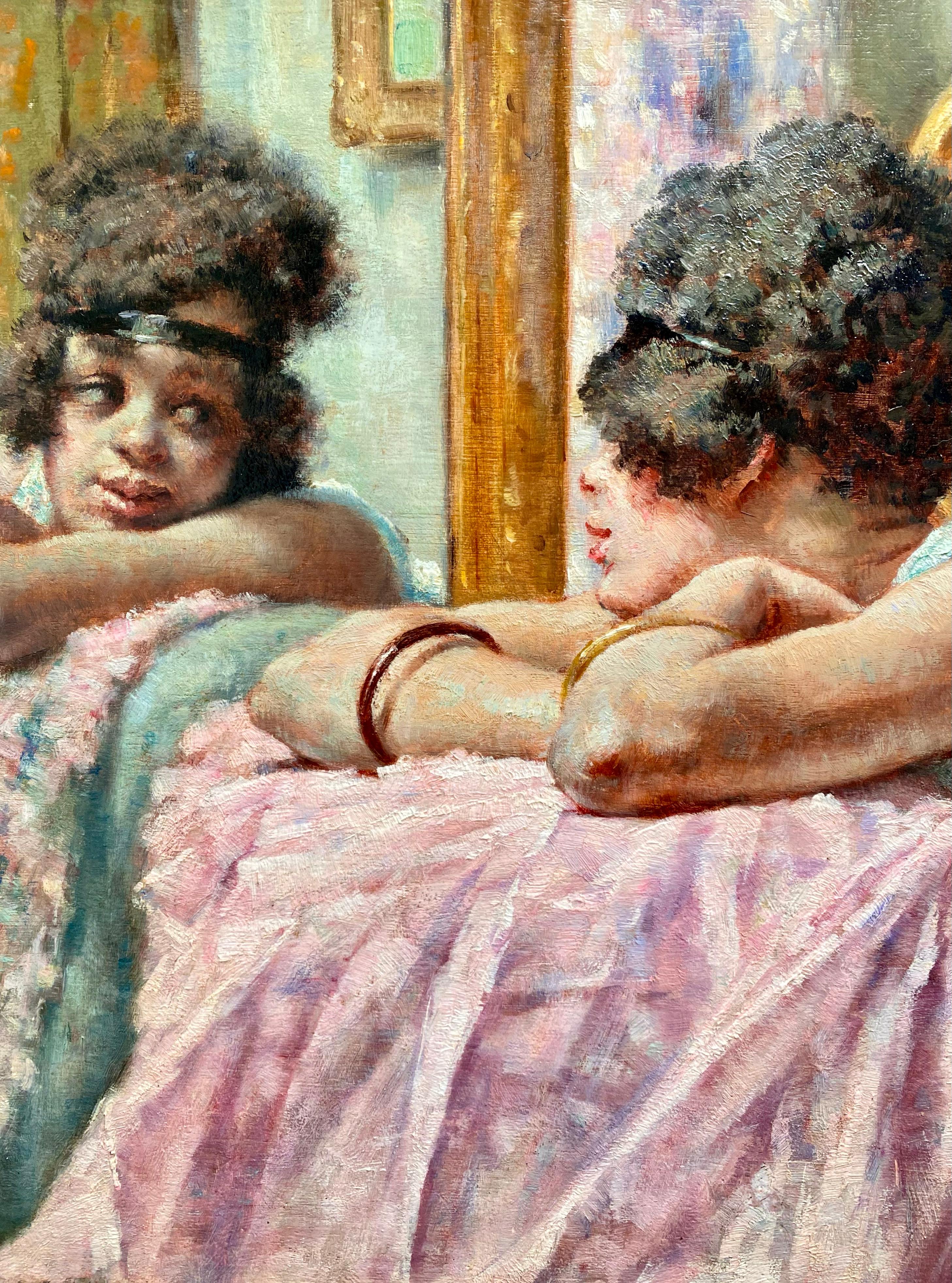 Victor Abeloos 
1881 – Brussels – 1965 
Belgian Painter 

'Girl at the Mirror' 

Signature: signed lower left and dated 1920 'V. Abeloos. 1920' 
Medium: oil on panel 
Dimensions: image size 40 x 60 cm, frame size 56 x 77 cm

Biography: Abeloos