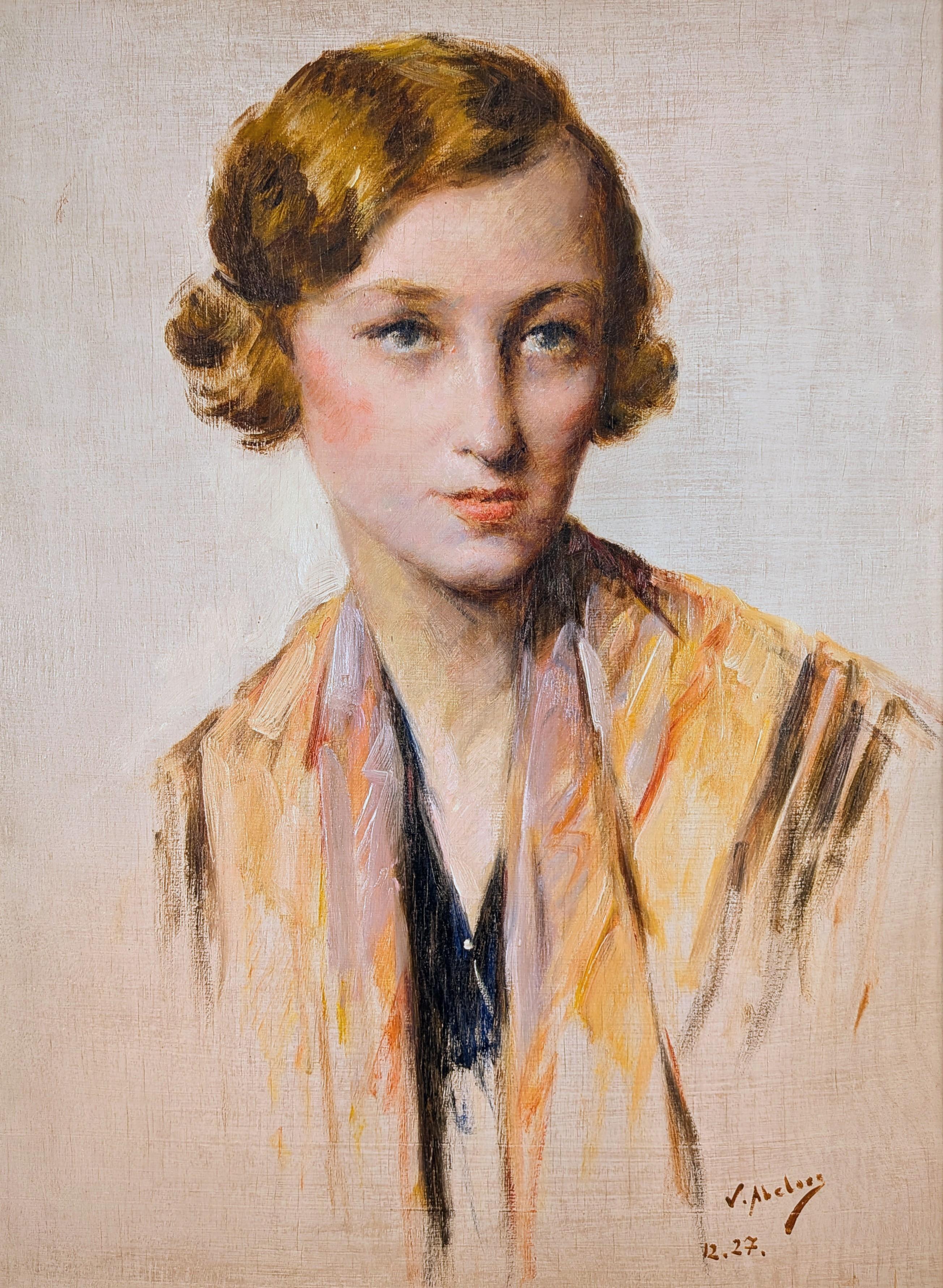 Retrato de una Joven - Antiguo Óleo Belga Impresionista Art Decó - Painting de Abeloos, Victor