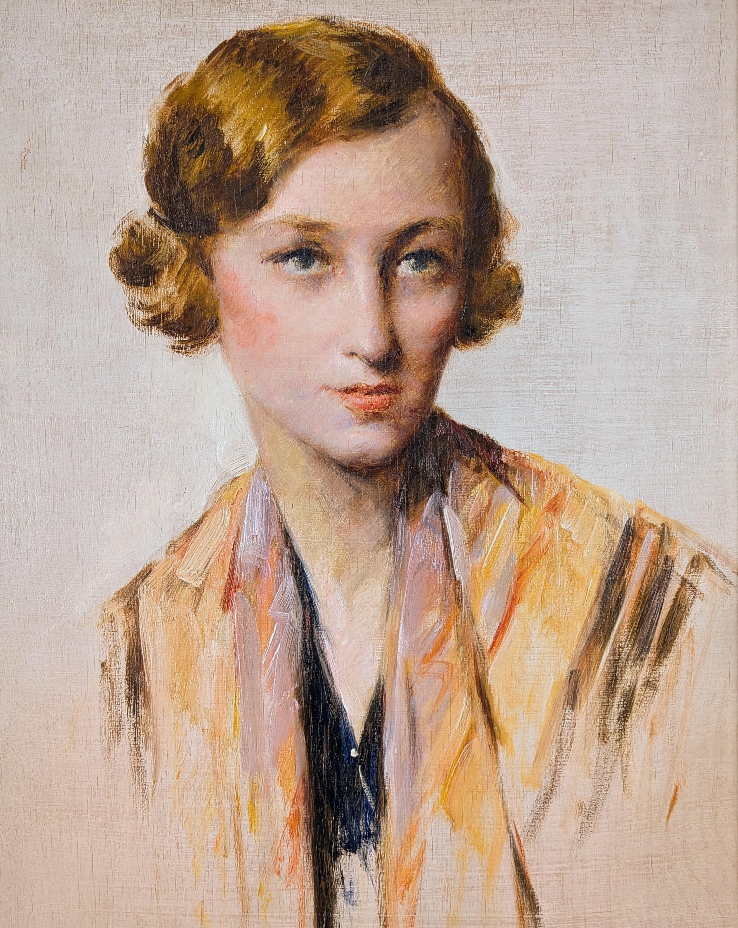 Retrato de una Joven - Antiguo Óleo Belga Impresionista Art Decó - Portrait Painting Beige de Abeloos, Victor