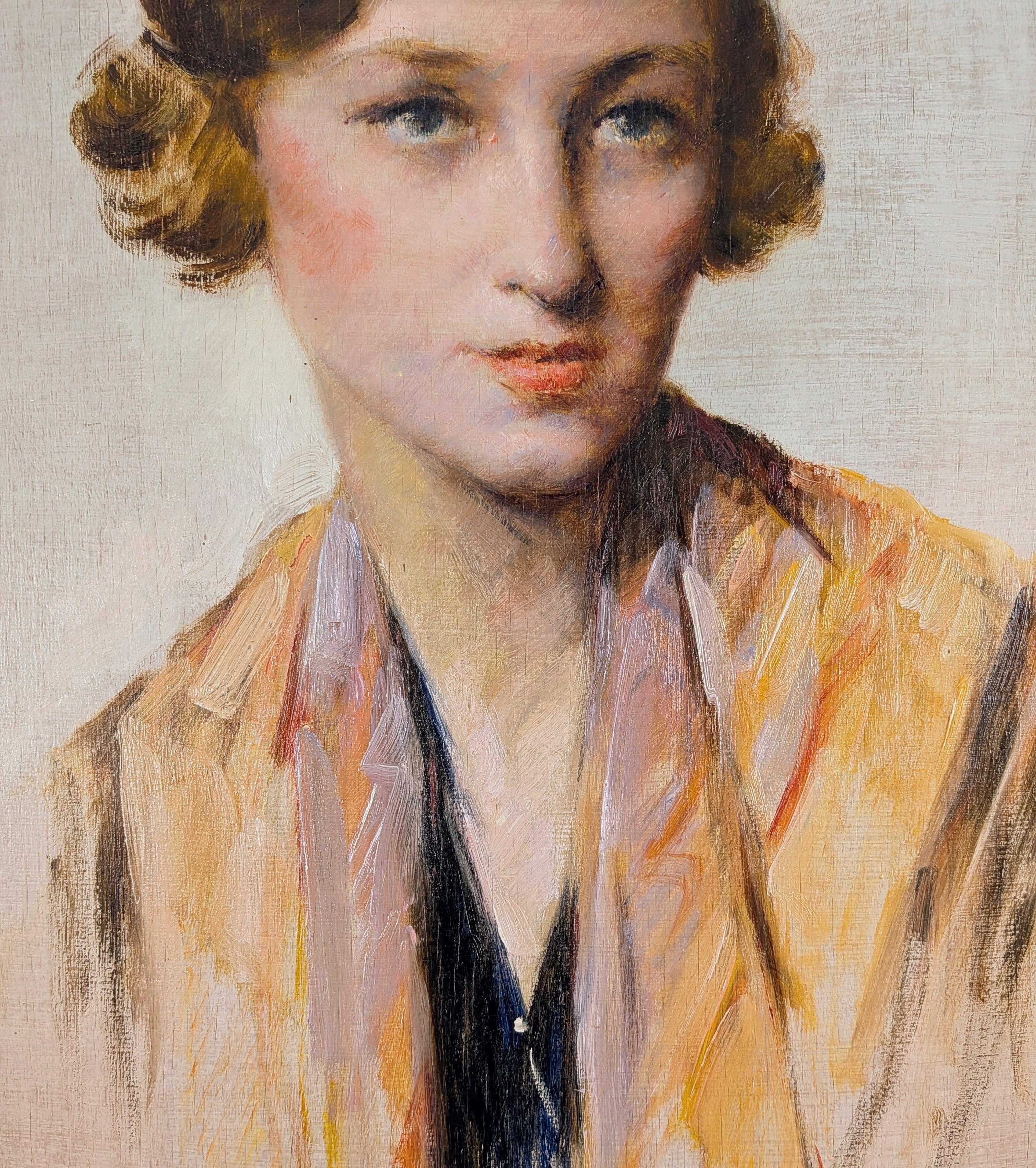 Retrato de una Joven - Antiguo Óleo Belga Impresionista Art Decó en venta 1