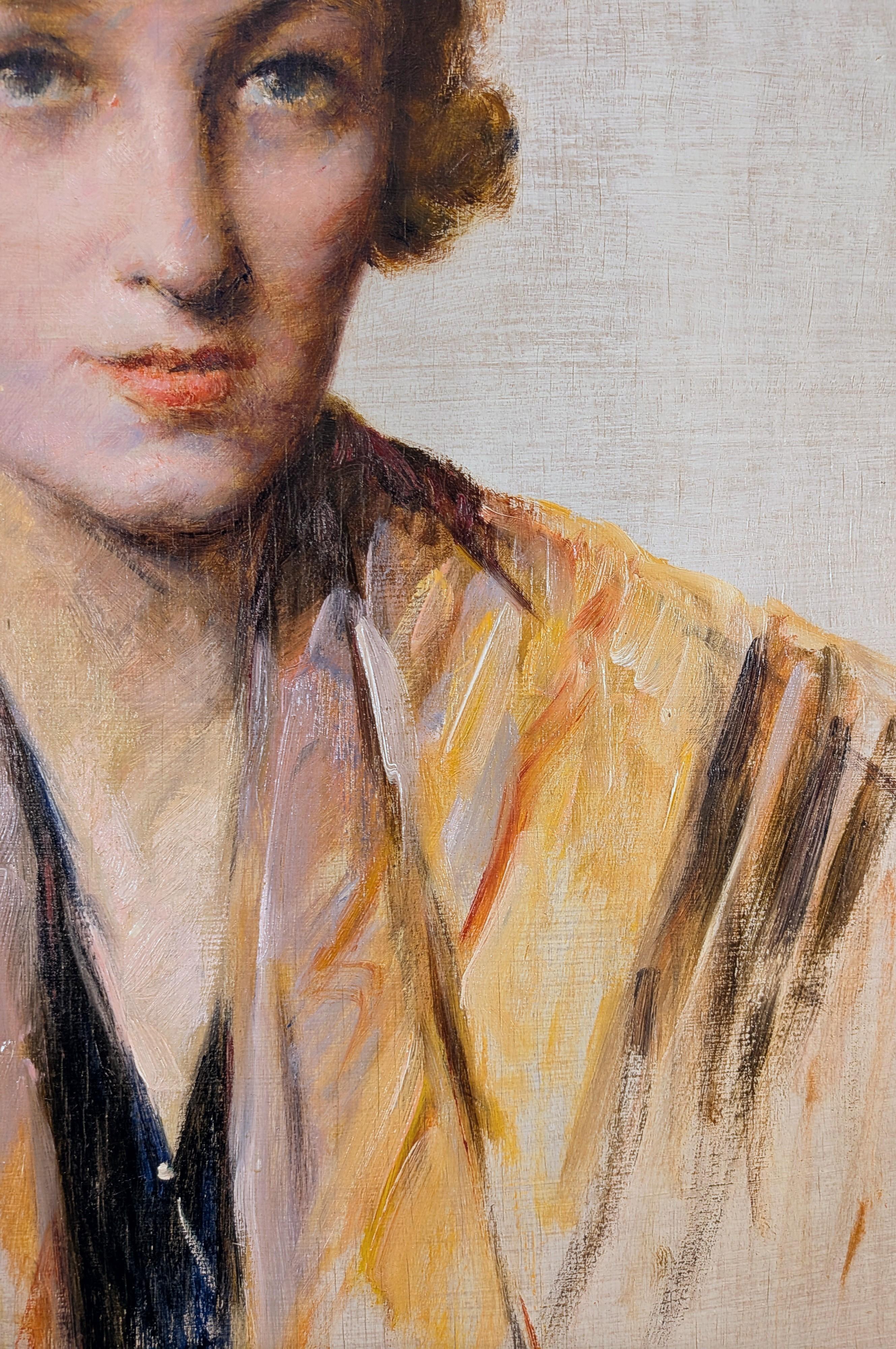 Retrato de una Joven - Antiguo Óleo Belga Impresionista Art Decó en venta 2
