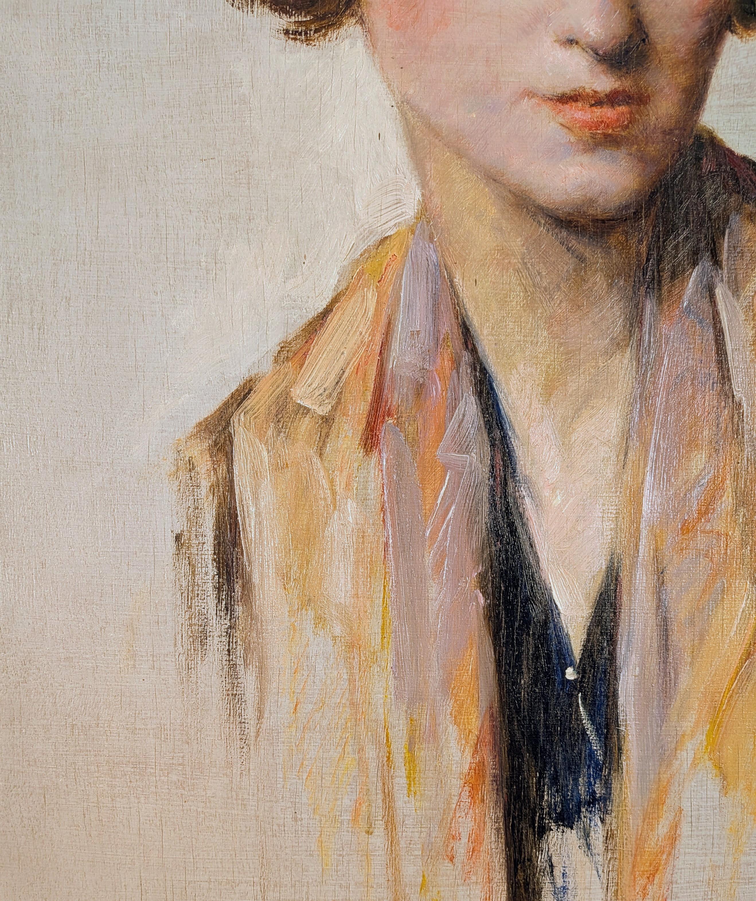 Retrato de una Joven - Antiguo Óleo Belga Impresionista Art Decó en venta 3