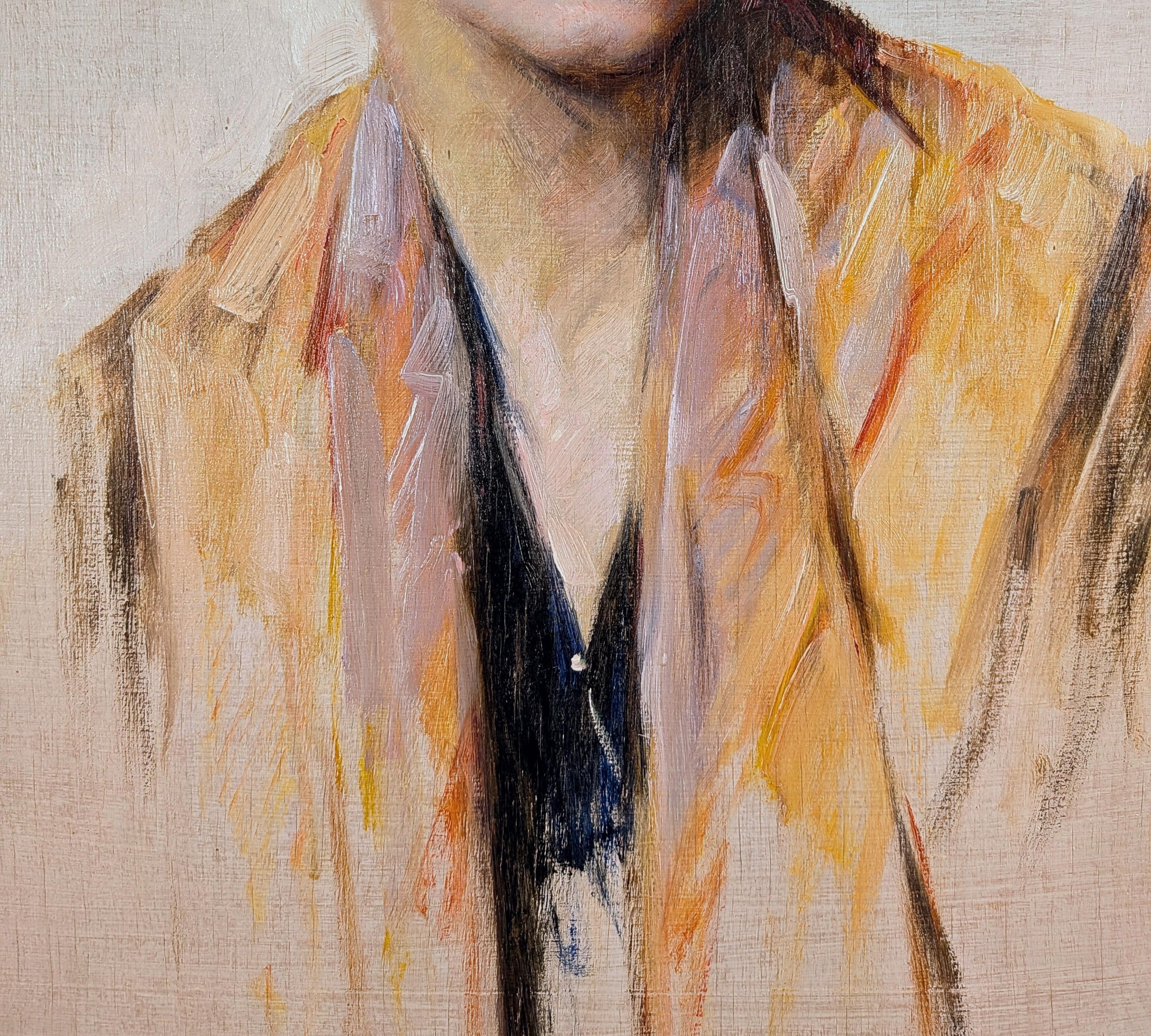 Retrato de una Joven - Antiguo Óleo Belga Impresionista Art Decó en venta 4
