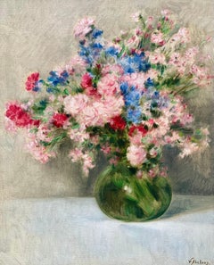 Victor Abeloos, 1881 - 1965, peintre belge 'Bouquet de fleurs dans un vase vert'.