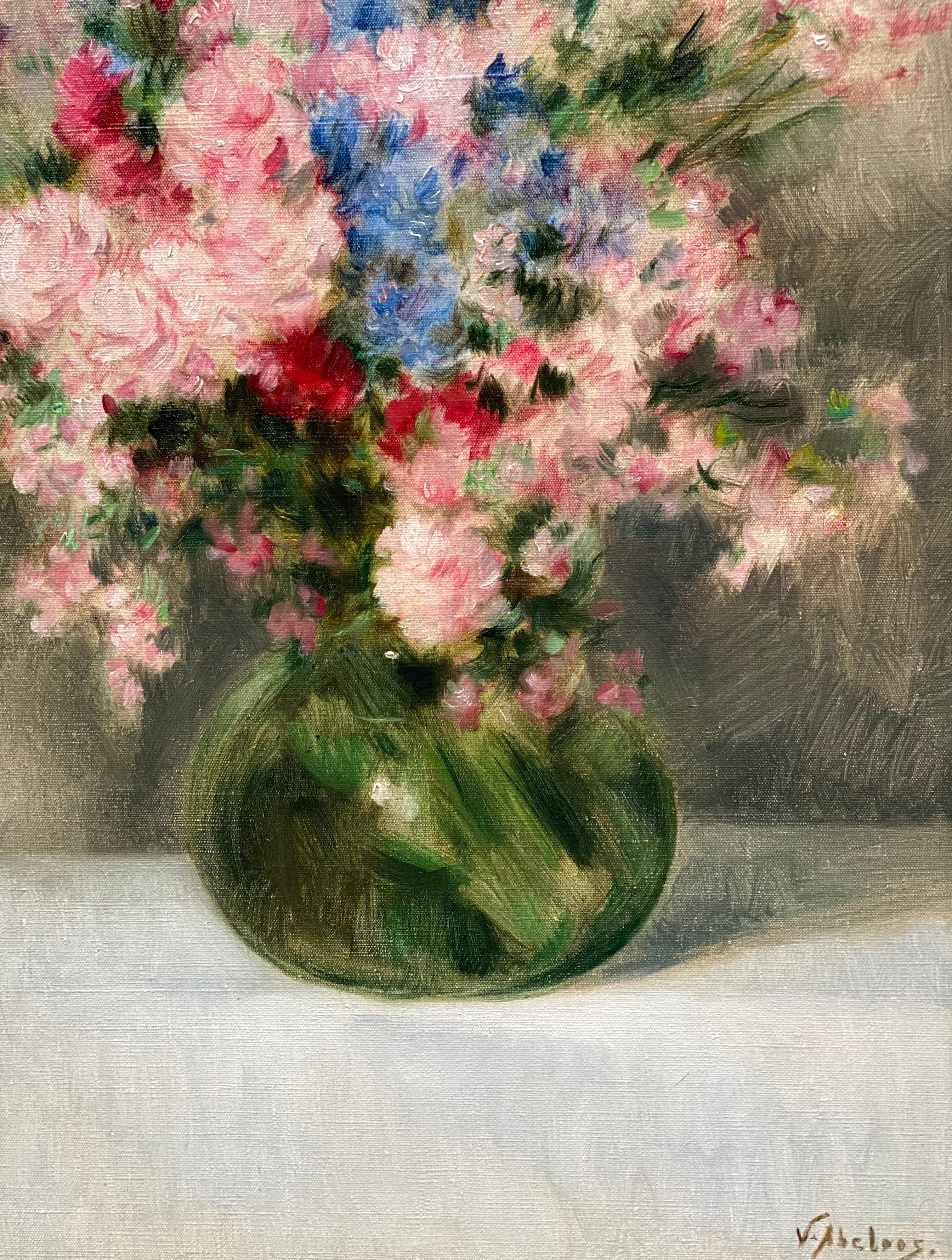 Victor Abeloos, 1881 – 1965, Belgian Painter 'Bouquet of Flowers in a Green Vas' - Impressionist Painting by Abeloos, Victor