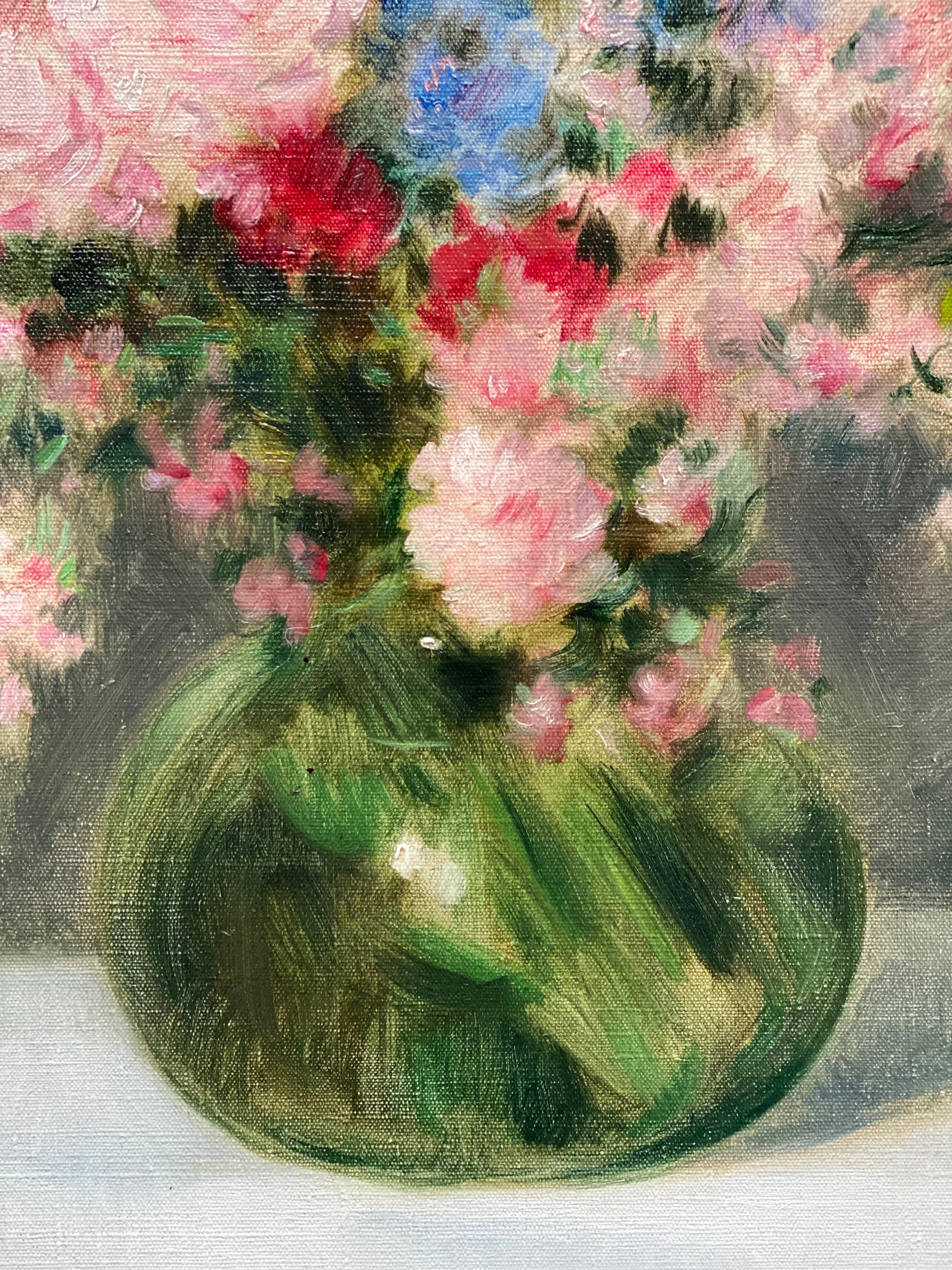 Victor Abeloos, 1881 – 1965, Belgian Painter 'Bouquet of Flowers in a Green Vas' For Sale 4