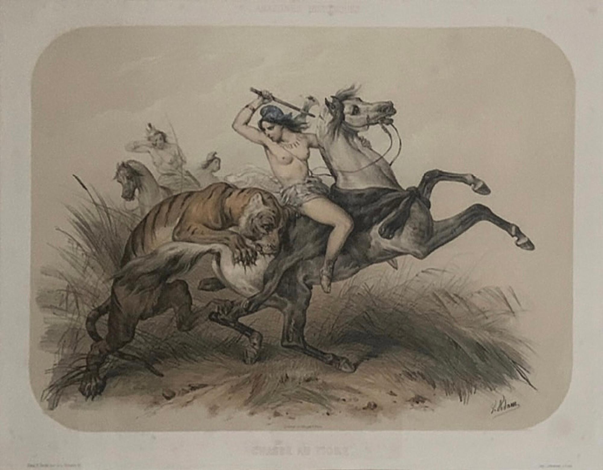 Fabuleux ensemble de six lithographies « Amazones » de 1851 de Victor Adam en vente 4