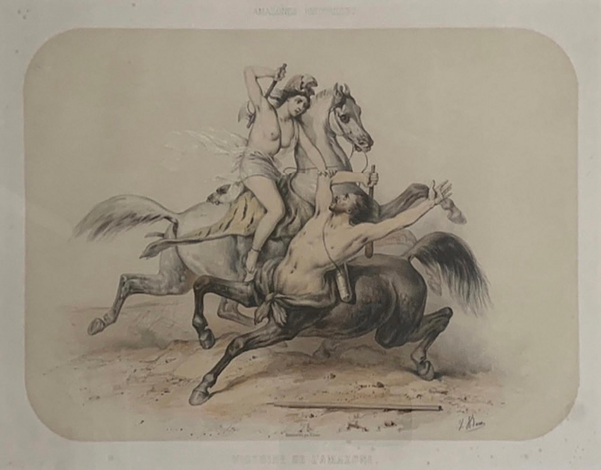 Fabuleux ensemble de six lithographies « Amazones » de 1851 de Victor Adam en vente 5