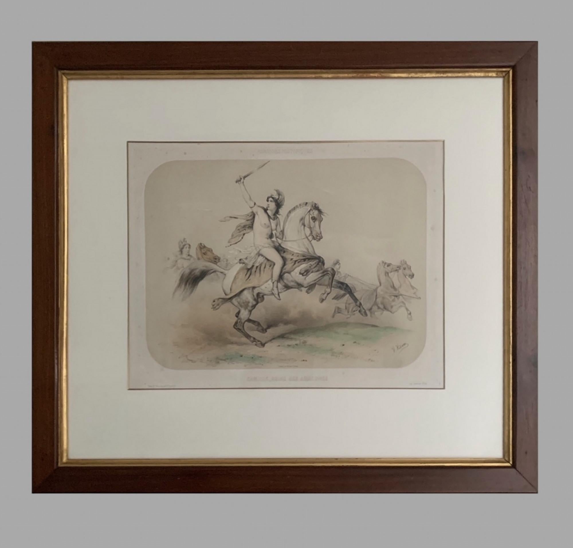 Série de six fabuleuses lithographies en couleurs de Victor Adams représentant des scènes où six femmes amazones à cheval affrontent des animaux sauvages. Date 1851. Taille plus cadre :  Hauteur 65 cm, largeur 75 cm et profondeur 3 cm avec image