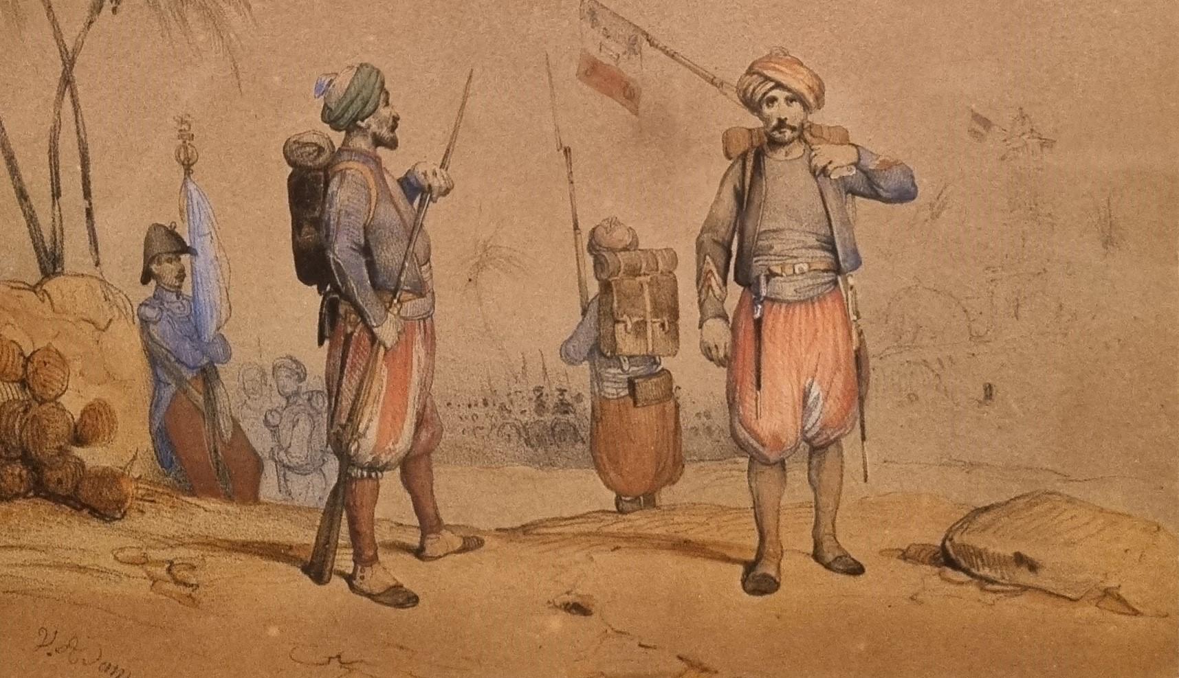 Aquarellpapier Mitte des 19. Jahrhunderts Victor ADAM Zouaves Französische Infanterie Soldaten Militärisches Militär (Braun), Figurative Art, von Victor Adam 