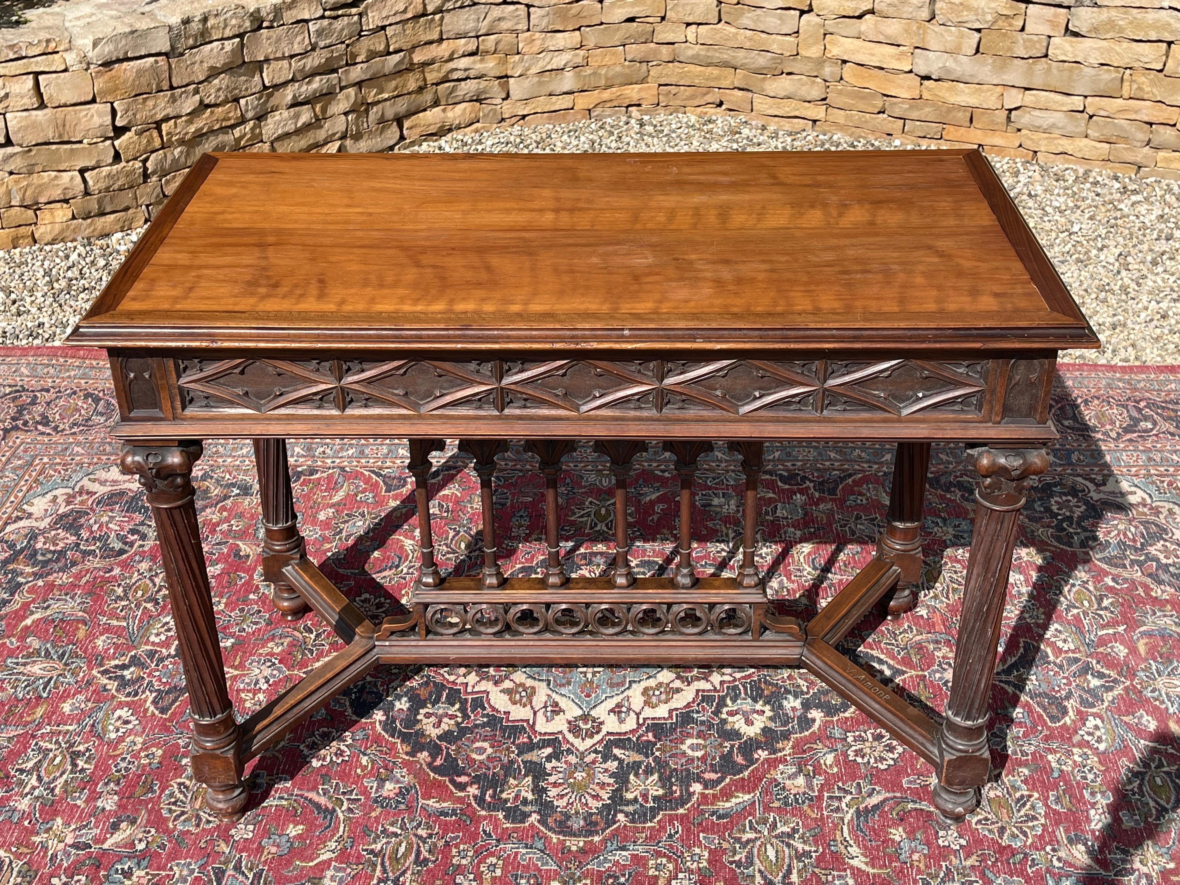 Victor Aimone, Neogothic Walnut Table, 19th Century In Good Condition In Beaune, FR
