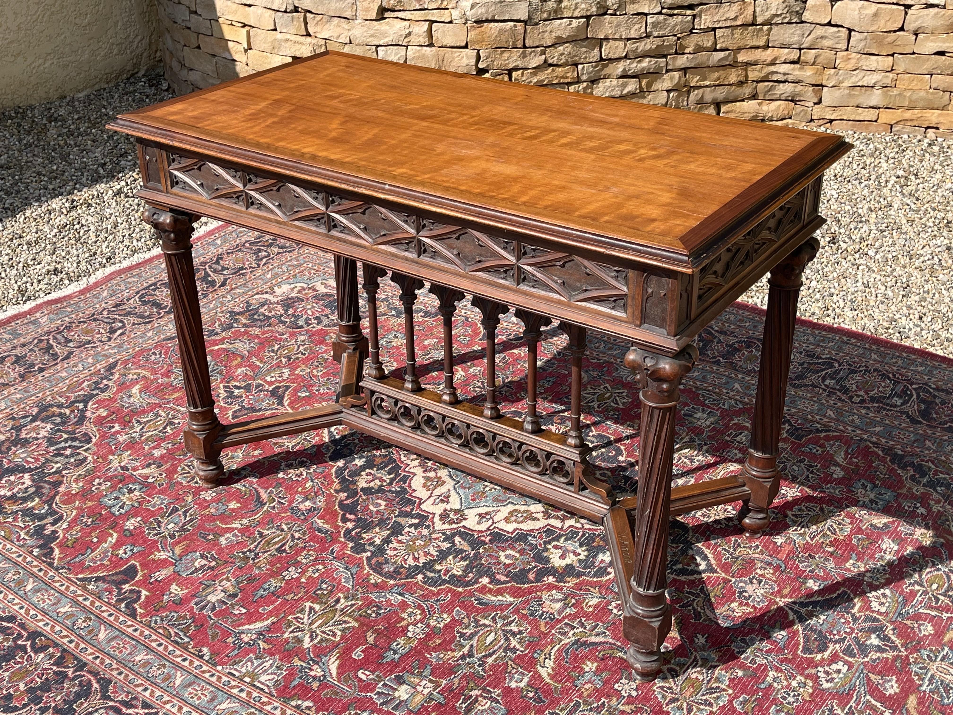 Victor Aimone, Neogothic Walnut Table, 19th Century 1