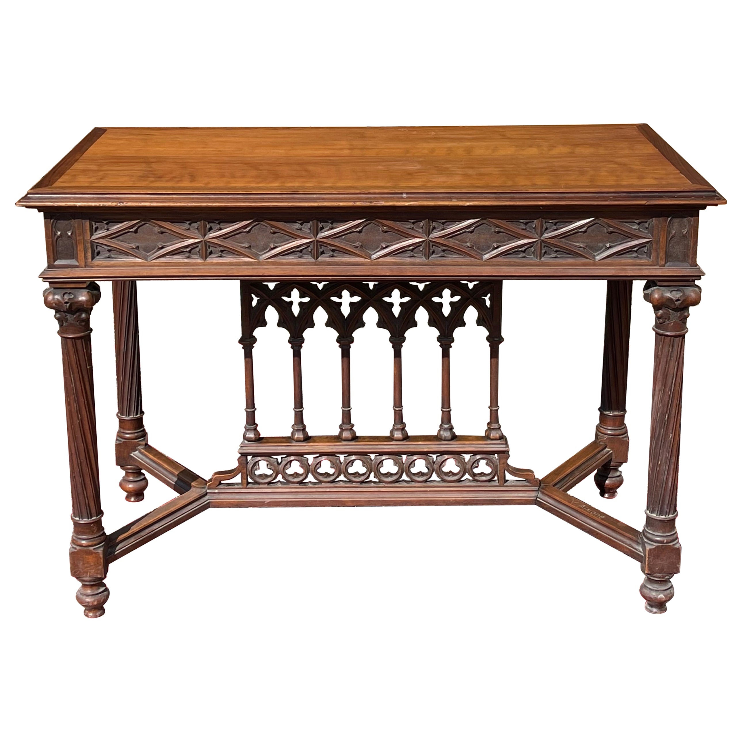 Victor Aimone, Neogothic Walnut Table, 19th Century
