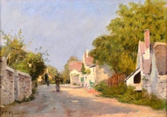 Figures in a Village Street - Impressionist Oil, Landscape by Victor Vignon