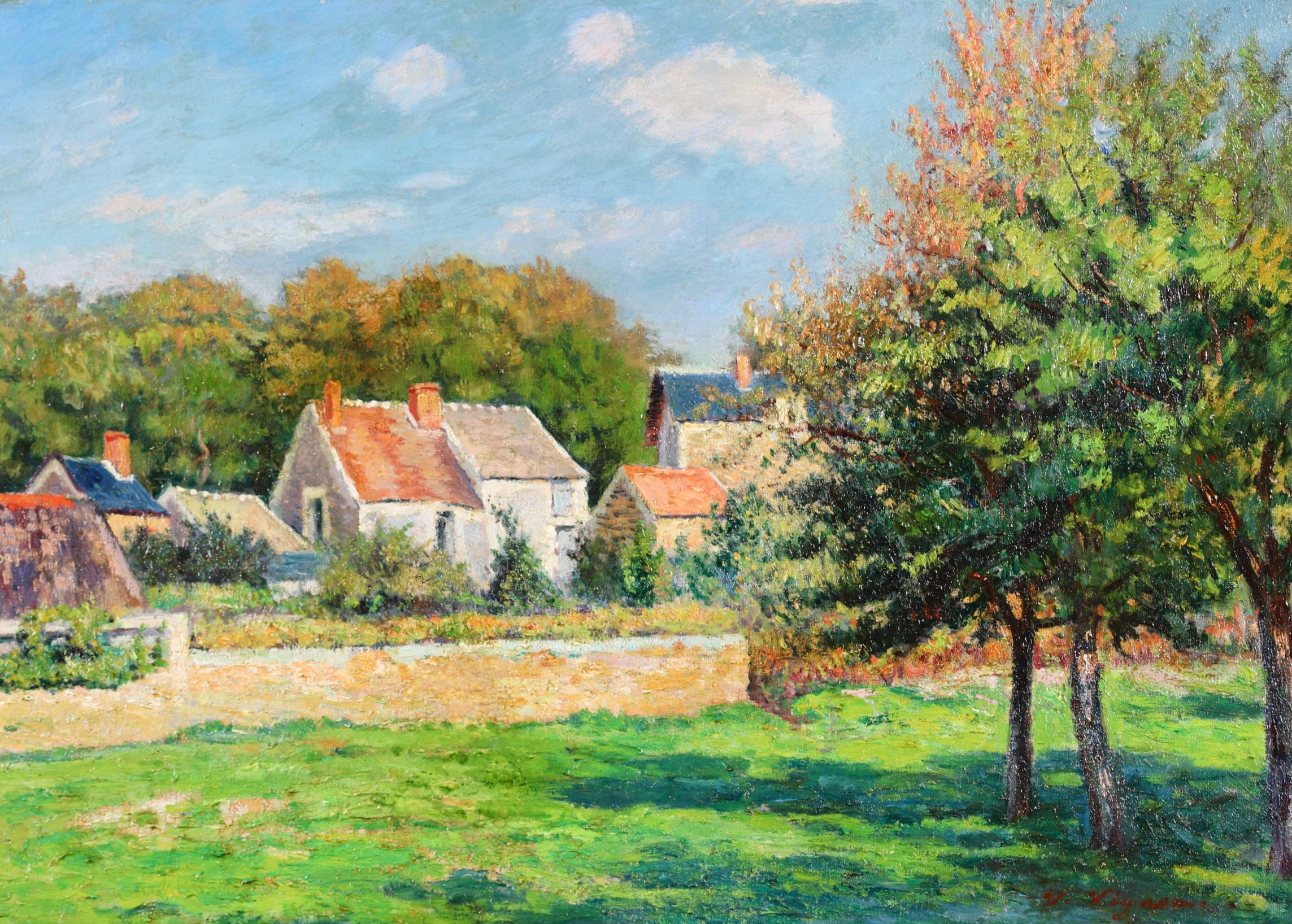Signed oil on canvas landscape circa 1880 by French impressionist painter Victor Alfred Paul Vignon. The piece depicts farm houses behind a walled garden in a summer landscape. 

Signature:
Signed lower right

Dimensions:
Framed: 21