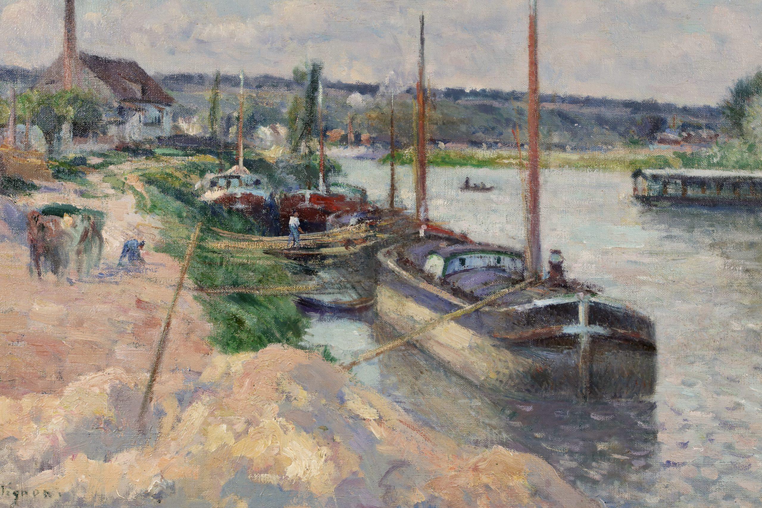 Huile sur toile signée représentant des personnages dans un paysage fluvial vers 1876 par le peintre impressionniste français Victor Alfred Paul Vignon. L'œuvre représente une vue de la Seine à Pontoise, une commune située au nord de Paris.