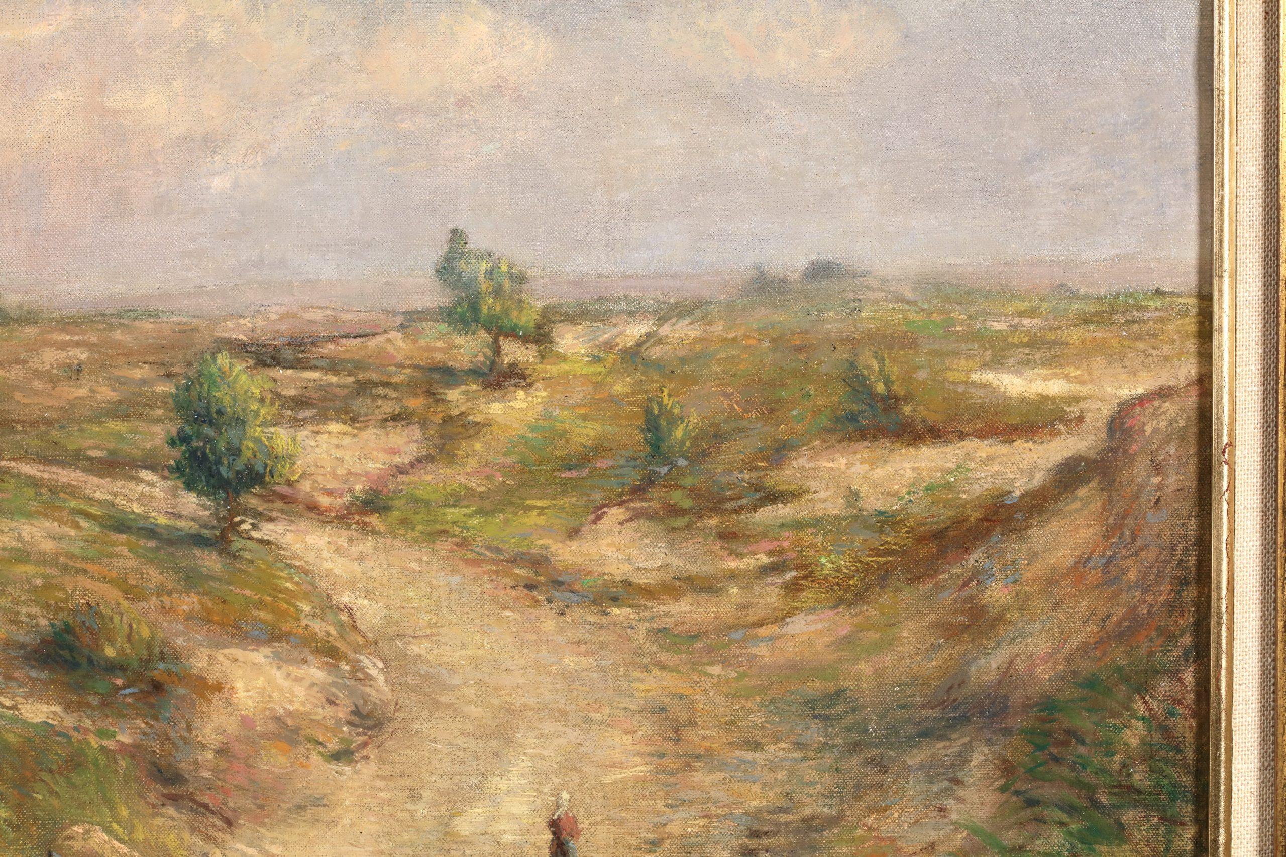 Signed oil on canvas figure in landscape circa 1890 by French impressionist painter Victor Alfred Paul Vignon. The piece depicts a lone woman walking along a rural track on a warm summer's day. A beautifully and delicately painted