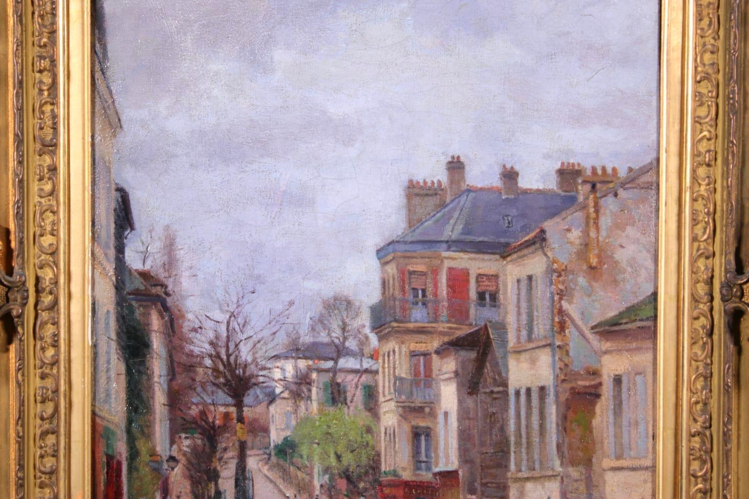 Montmartre - Impressionist Oil, Figures in Street Landscape by Victor Vignon - Gray Figurative Painting by Victor Alfred Paul Vignon