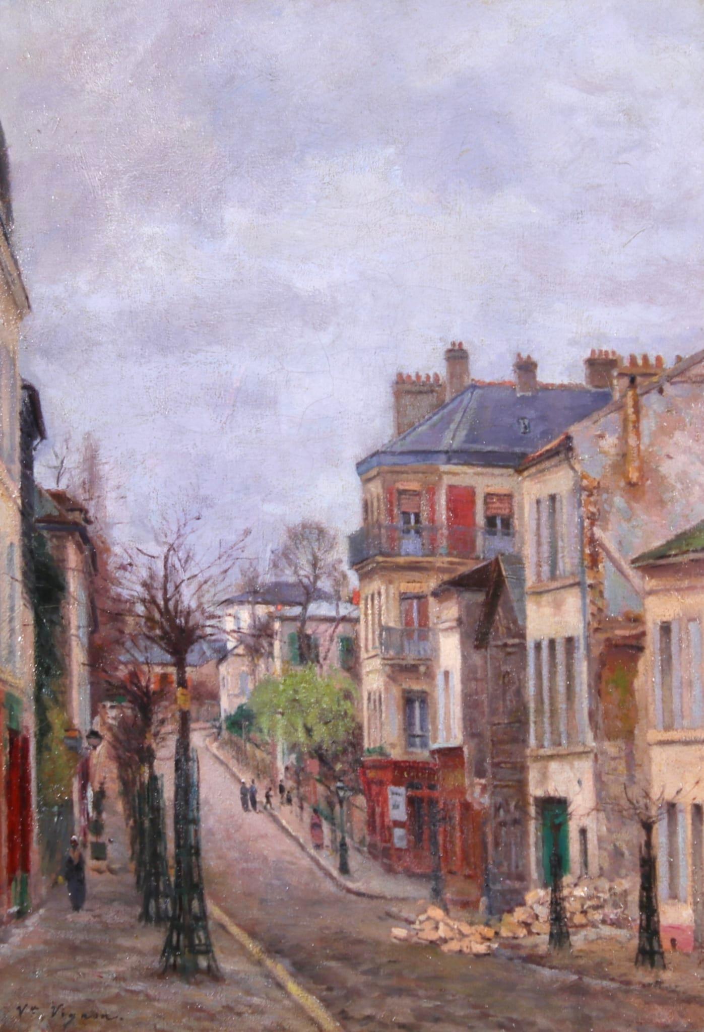 Victor Alfred Paul Vignon Figurative Painting - Montmartre - Impressionist Oil, Figures in Street Landscape by Victor Vignon