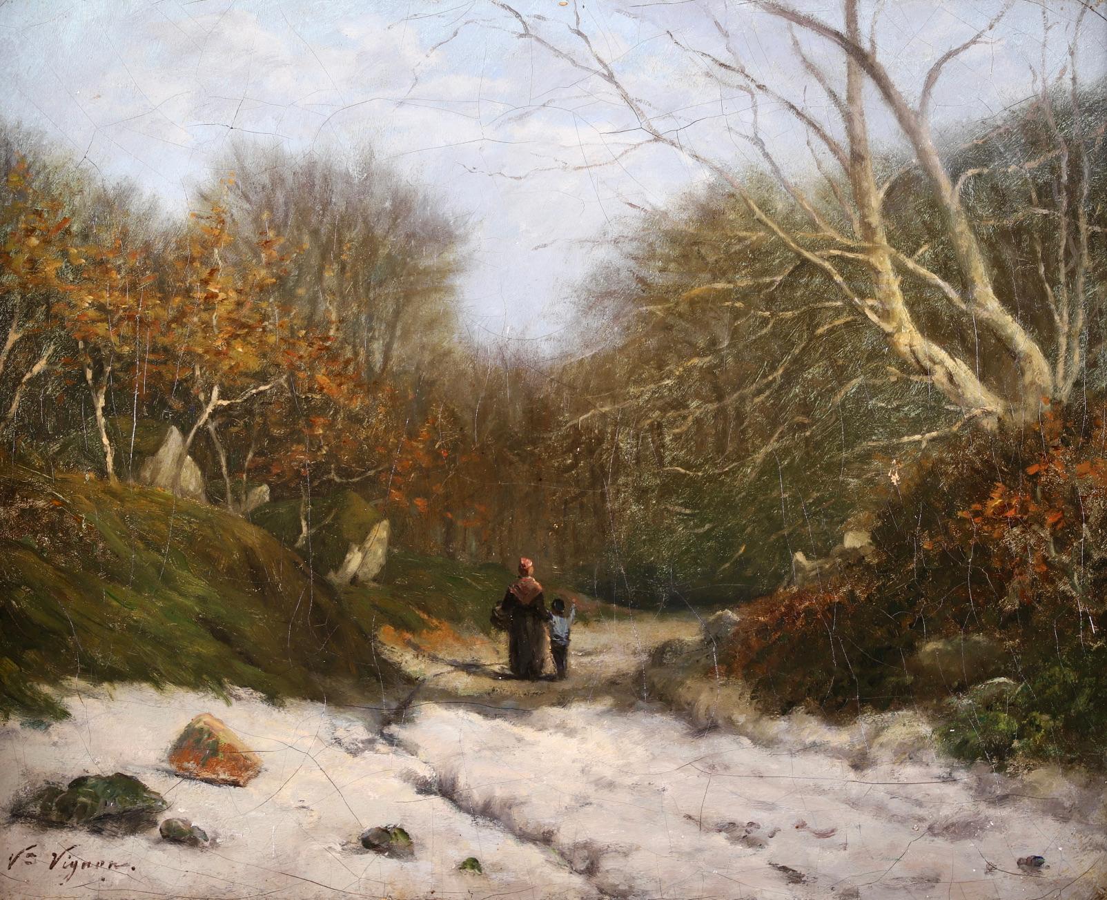 Winter - Fontainbleau Forest - Impressionist Oil, Landscape by Victor Vignon - Painting by Victor Alfred Paul Vignon