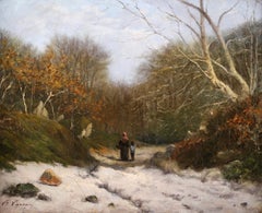 Huile impressionniste d'hiver - Forêt de Fontainbleau - Paysage de Victor Vignon