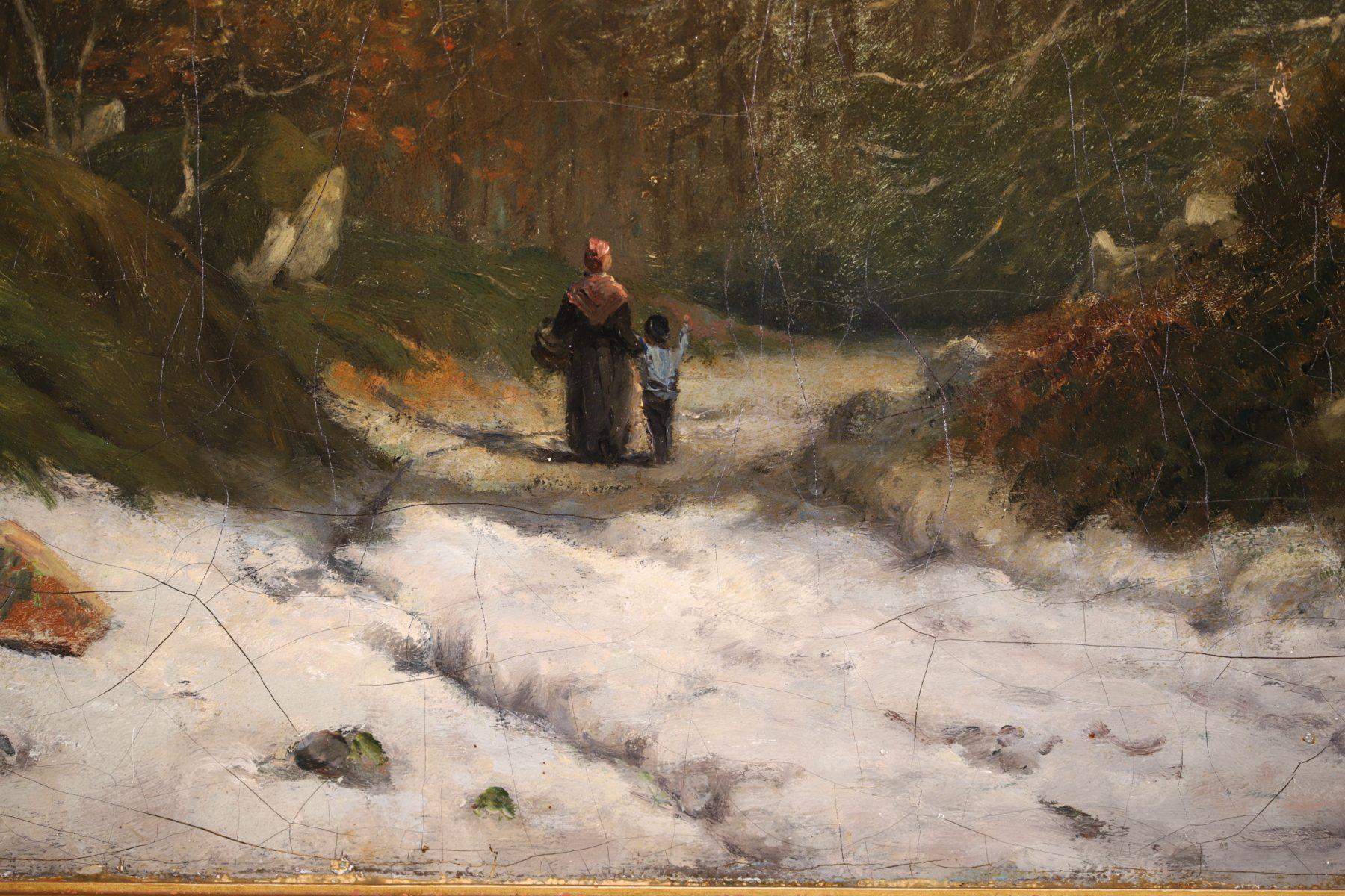 Signed figures in a landscape oil on canvas circa 1870 by French impressionist painter Victor Alfred Paul Vignon. The work depicts a woman carrying a basket with a young child beside her walking along a snowy path in a Fontainebleau Forest. This