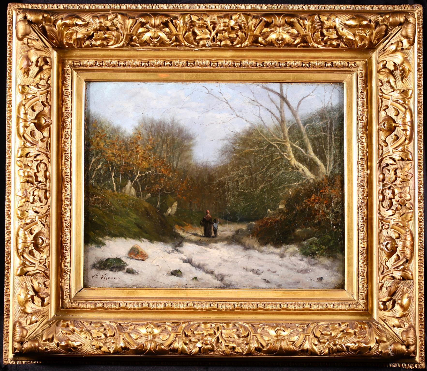 Victor Alfred Paul Vignon Landscape Painting - Winter - Fontainbleau Forest - Impressionist Oil, Landscape by Victor Vignon