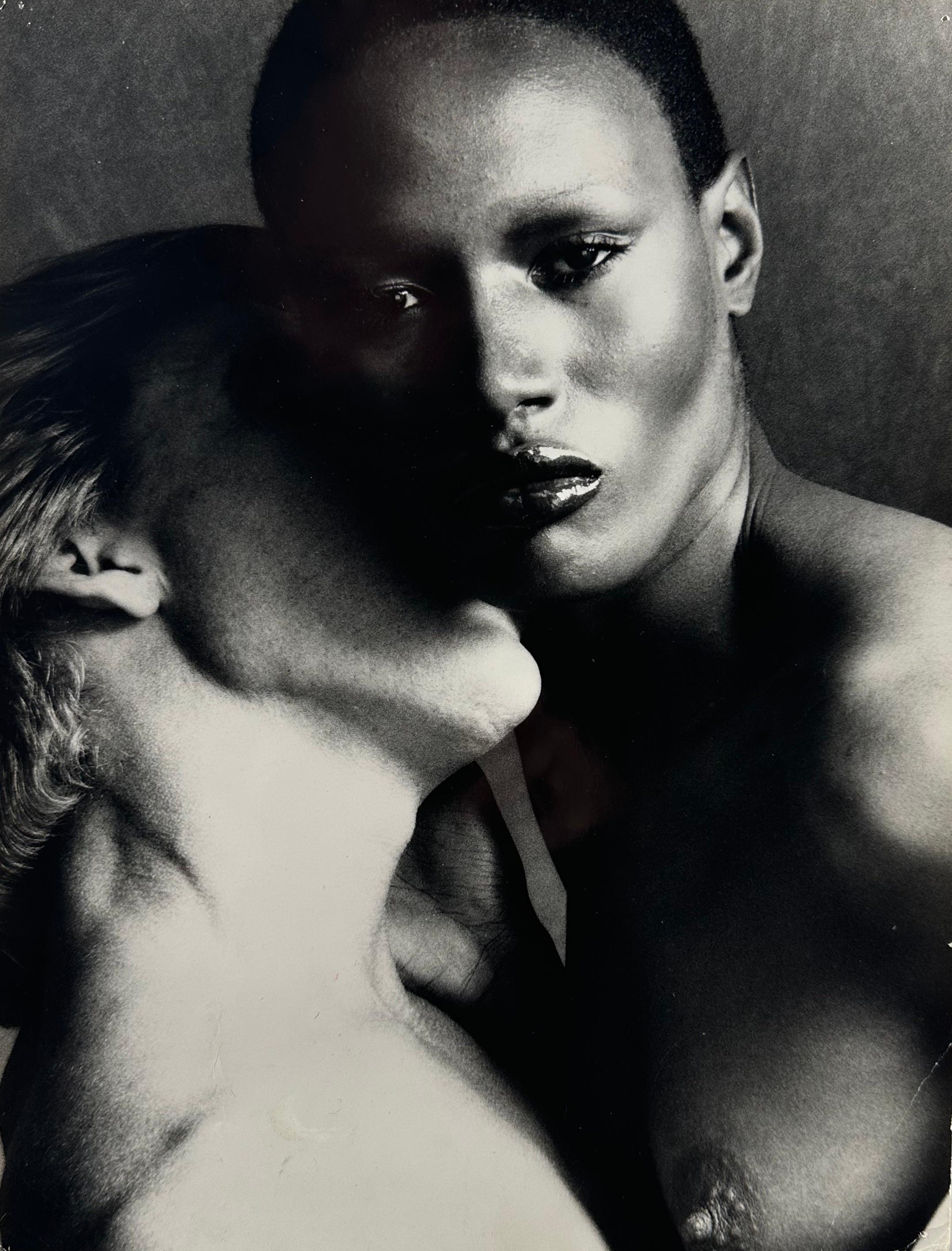 Victor Arimondi (1942-2001). Portrait of Grace Jones, 1975. Period print measures 8 x 11.75 inches; 10.25 x 13 inches framed. Artist studio stamp on verso. Some creasing in corners, pinholes, minor soiling. 

This unique example was used for
