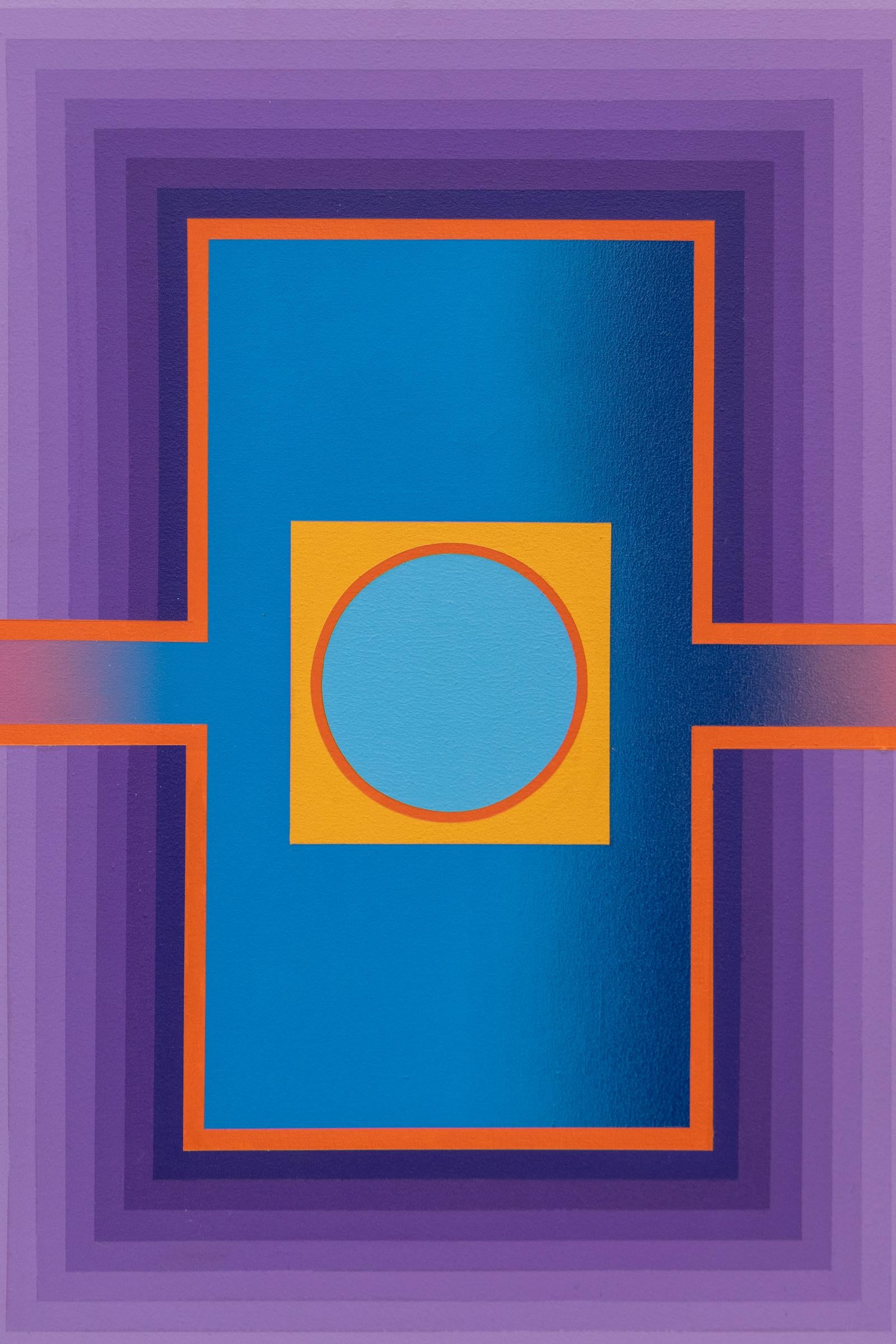 Raggi - 1975 Pittura acrilica astratta geometrica in viola, arancione e ceruleo - Painting di Victor Atkins