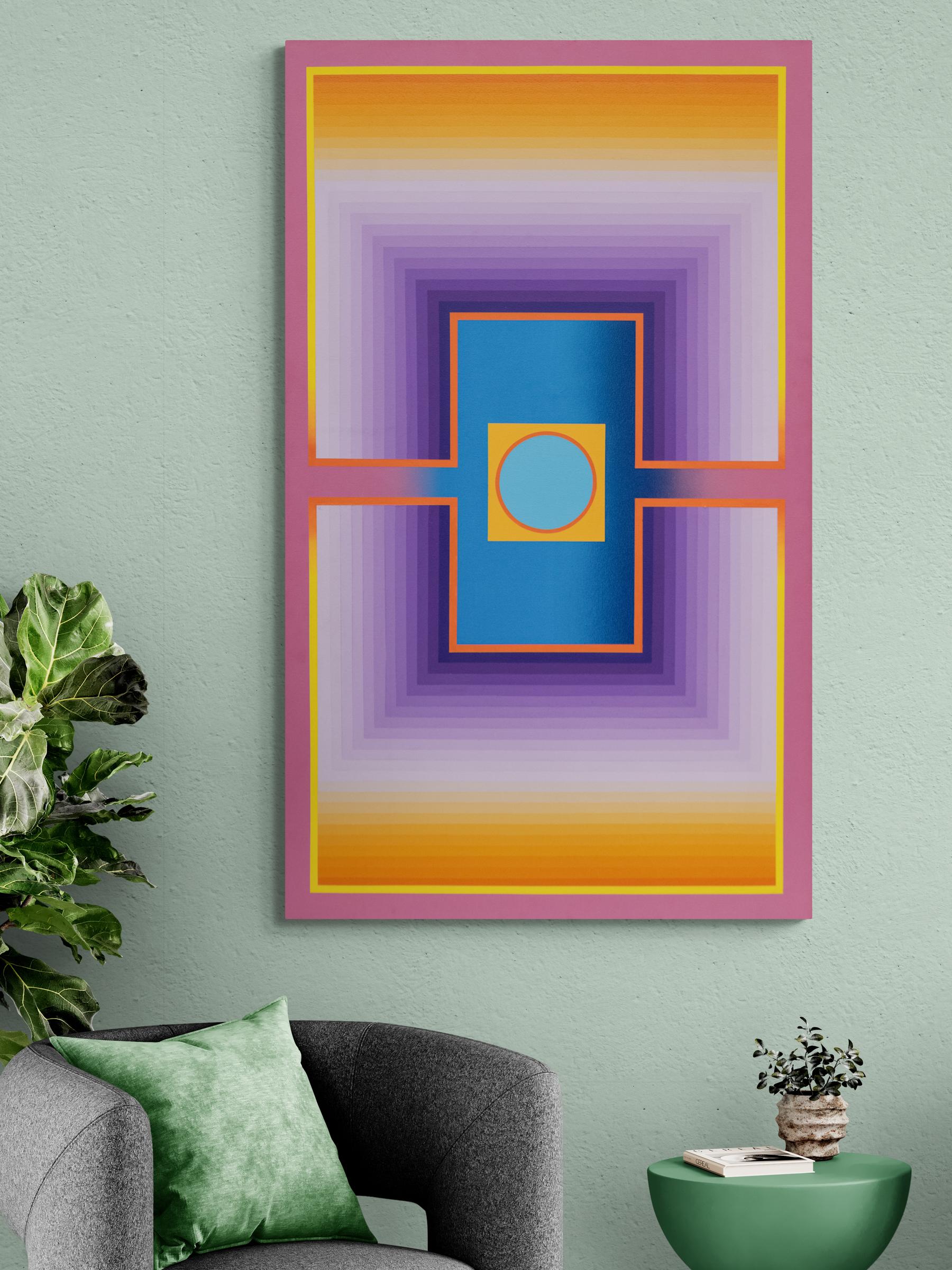 Raggi - 1975 Pittura acrilica astratta geometrica in viola, arancione e ceruleo in vendita 2