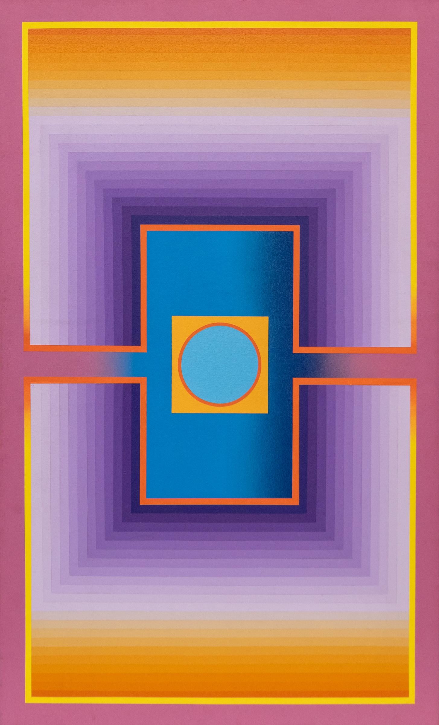 Abstract Painting di Victor Atkins - Raggi - 1975 Pittura acrilica astratta geometrica in viola, arancione e ceruleo