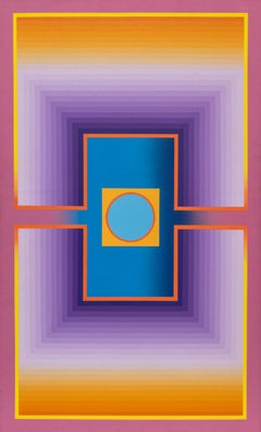 Raggi - 1975 Pittura acrilica astratta geometrica in viola, arancione e ceruleo