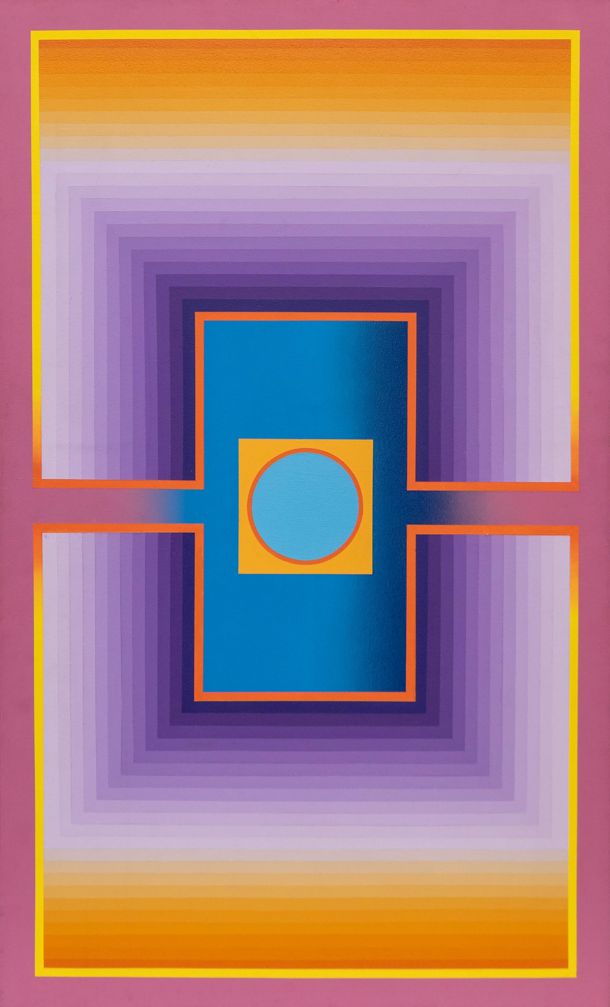 Abstract Painting Victor Atkins - Rays - 1975 - Peinture géométrique abstraite en acrylique violet, orange et céruléenne