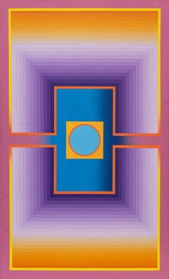 Rays - 1975 Abstraktes geometrisches Acrylgemälde in Violett, Orange und Cerulean