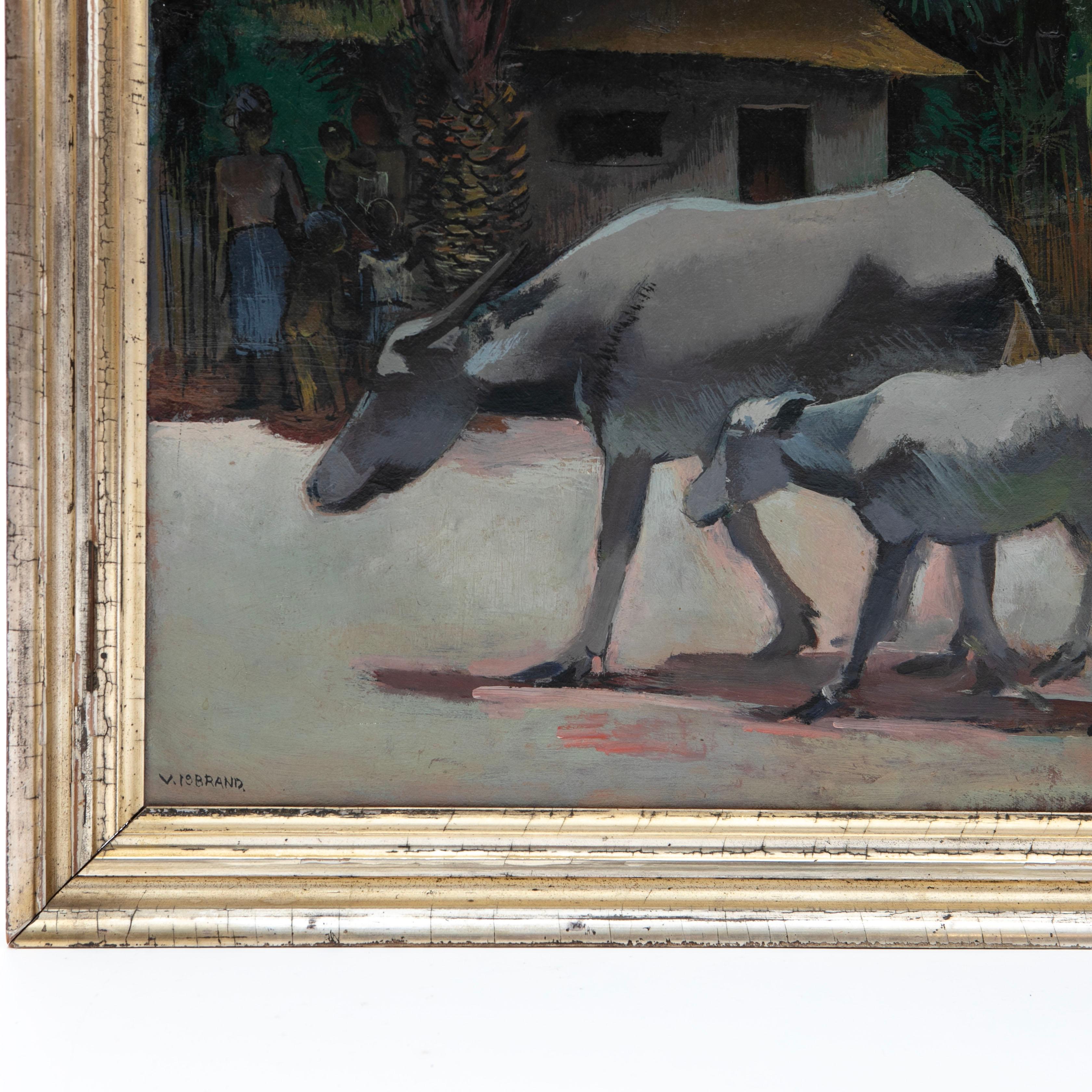 Painted Victor Bailey Isbrand, Javanese Village Scene Painting, Oil on Canvas
